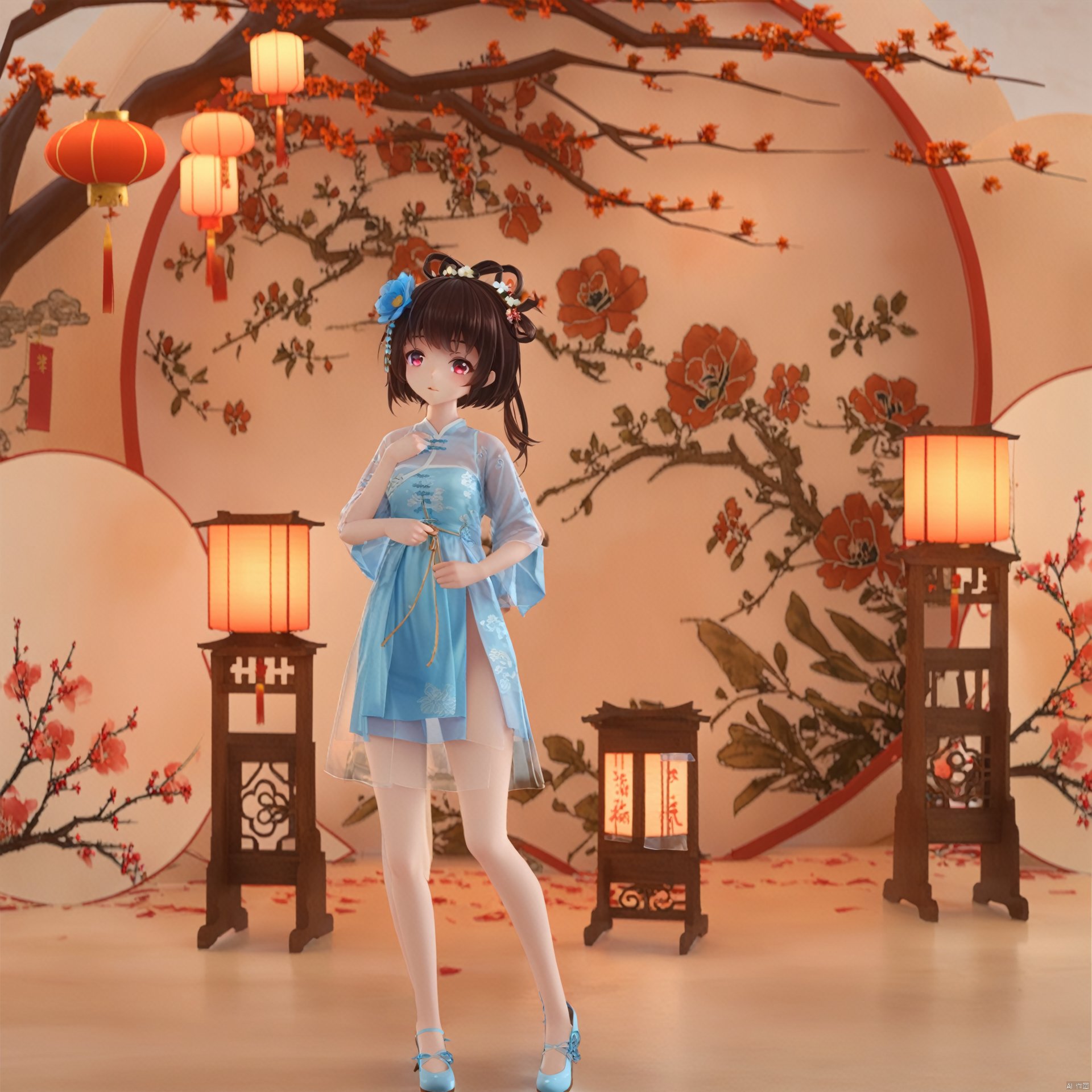  artist mmd,1girl,solo,dress,lantern,flower,hair ornament,blue dress,red eyes,chinese clothes,hair flower,paper lantern,black hair,bangs,see-through,branch,brown hair,standing,hair rings,long hair,