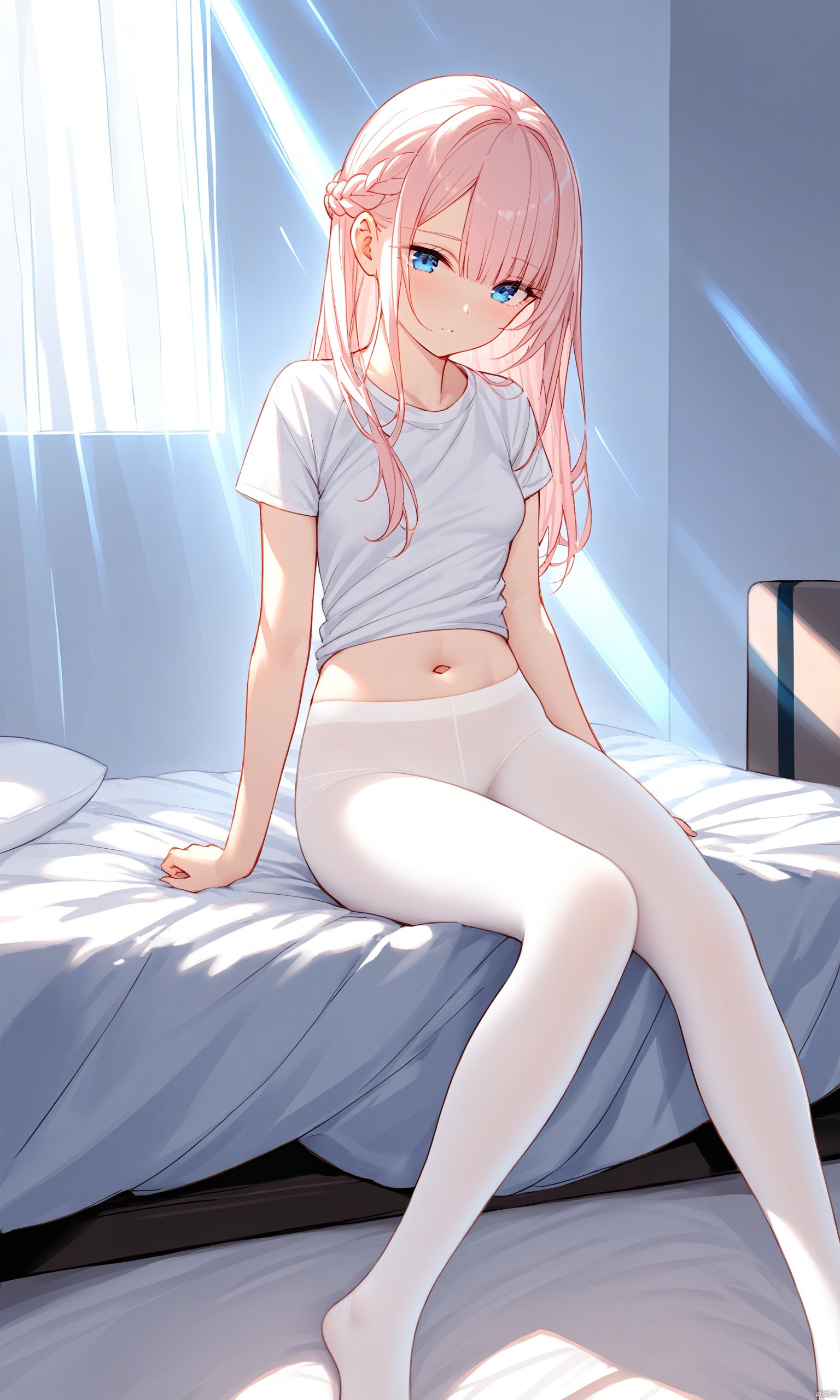  masterpiece, best quality,backlight,Tyndall effect,Crepuscular Rays, 1girl,((white_hairbangs)),long hair,French braid,blue eyes,cold expression,white T-shirt,White pantyhose,navel,sit,small_breasts,No shoes on, bedroom,White cloth sofa,White blanket,Dieffenbachia seguine Schott,White curtains, ipad,