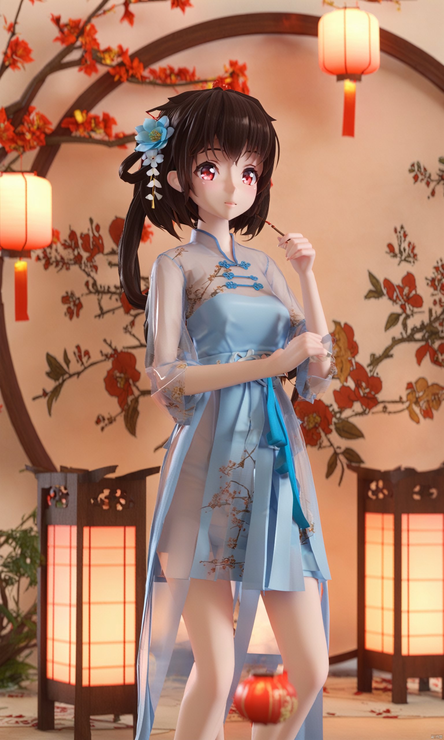 artist mmd, 1girl, solo, dress, lantern, flower, hair ornament, blue dress, red eyes, chinese clothes, hair flower, paper lantern, black hair, bangs, see-through, branch, brown hair, standing, hair rings, long hair