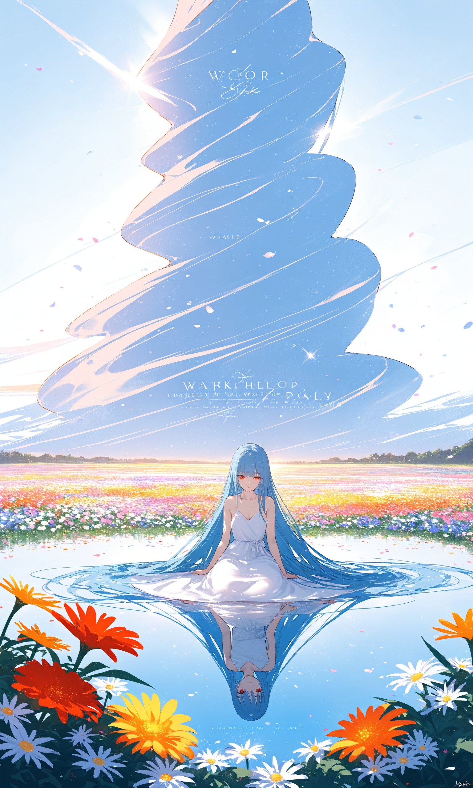 best quality,masterpiece,illustration,(reflection light),incredibly absurdres,(Movie Poster),(signature:1.3),(English text:1.3),1girl,girl middle of flower,pure skyblue hair,red eyes,clear sky,outside,collarbone,sitting,absurdly long hair,clear boundaries of the cloth,white dress,fantastic scenery,ground of flowers,thousand of flowers,colorful flowers,flowers around her,various flowers,