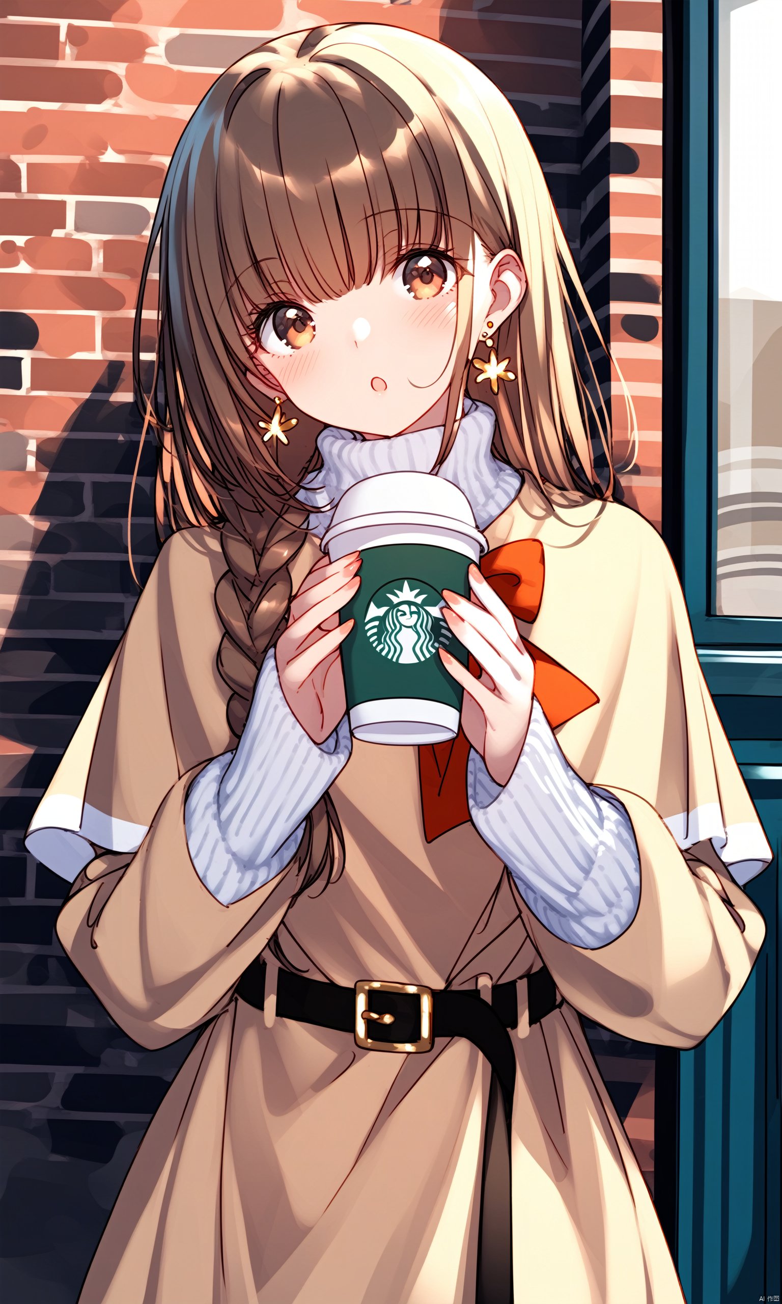 1girl, solo, holding, long hair, looking at viewer, cup, bangs, long sleeves, holding cup, brown eyes, brown hair, disposable cup, belt, earrings, blush, jewelry, braid, brick wall, outdoors, capelet, open mouth, :o, sweater, coffee cup, parted lips, bow, turtleneck, standing, sleeves past wrists, hands up, belt buckle, shiny hair