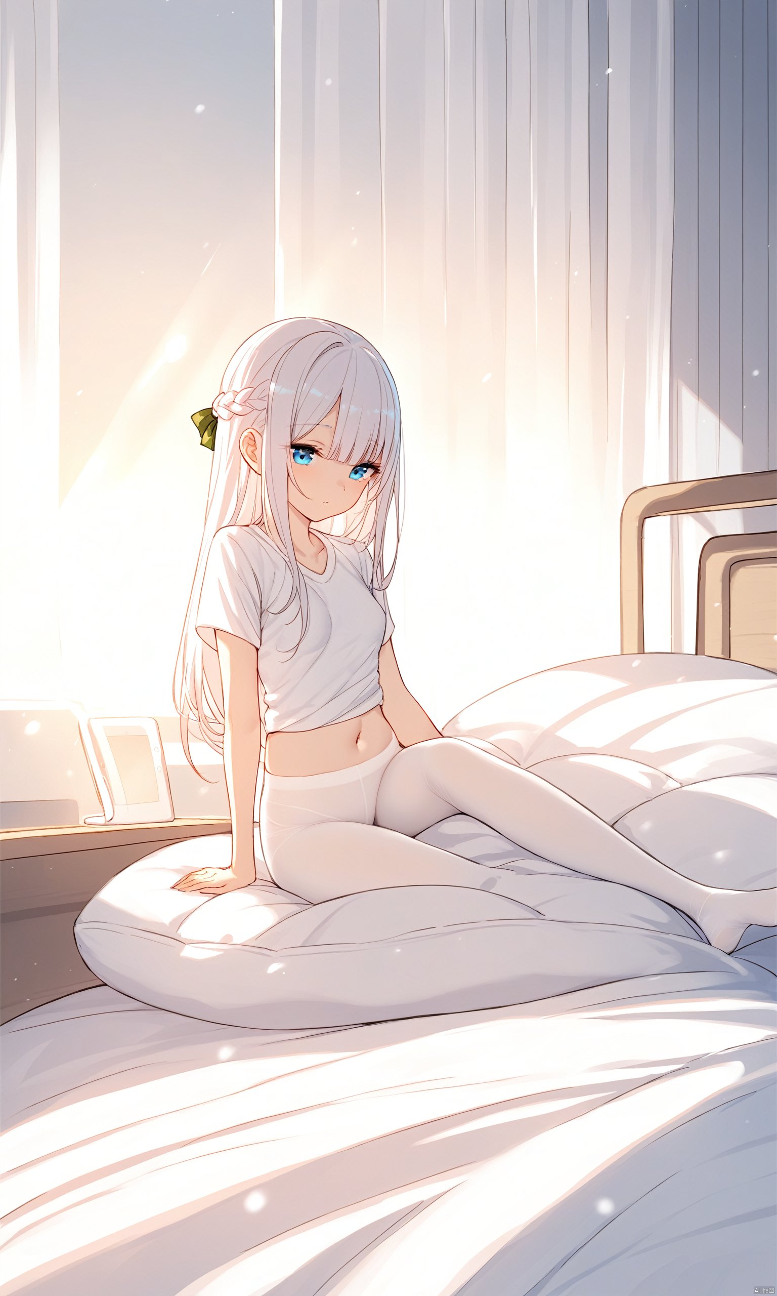 masterpiece, best quality,backlight,Tyndall effect,Crepuscular Rays, 1girl,((white_hairbangs)),long hair,French braid,blue eyes,cold expression,white T-shirt,White pantyhose,navel,sit,small_breasts,No shoes on, bedroom,White cloth sofa,White blanket,Dieffenbachia seguine Schott,White curtains, ipad,