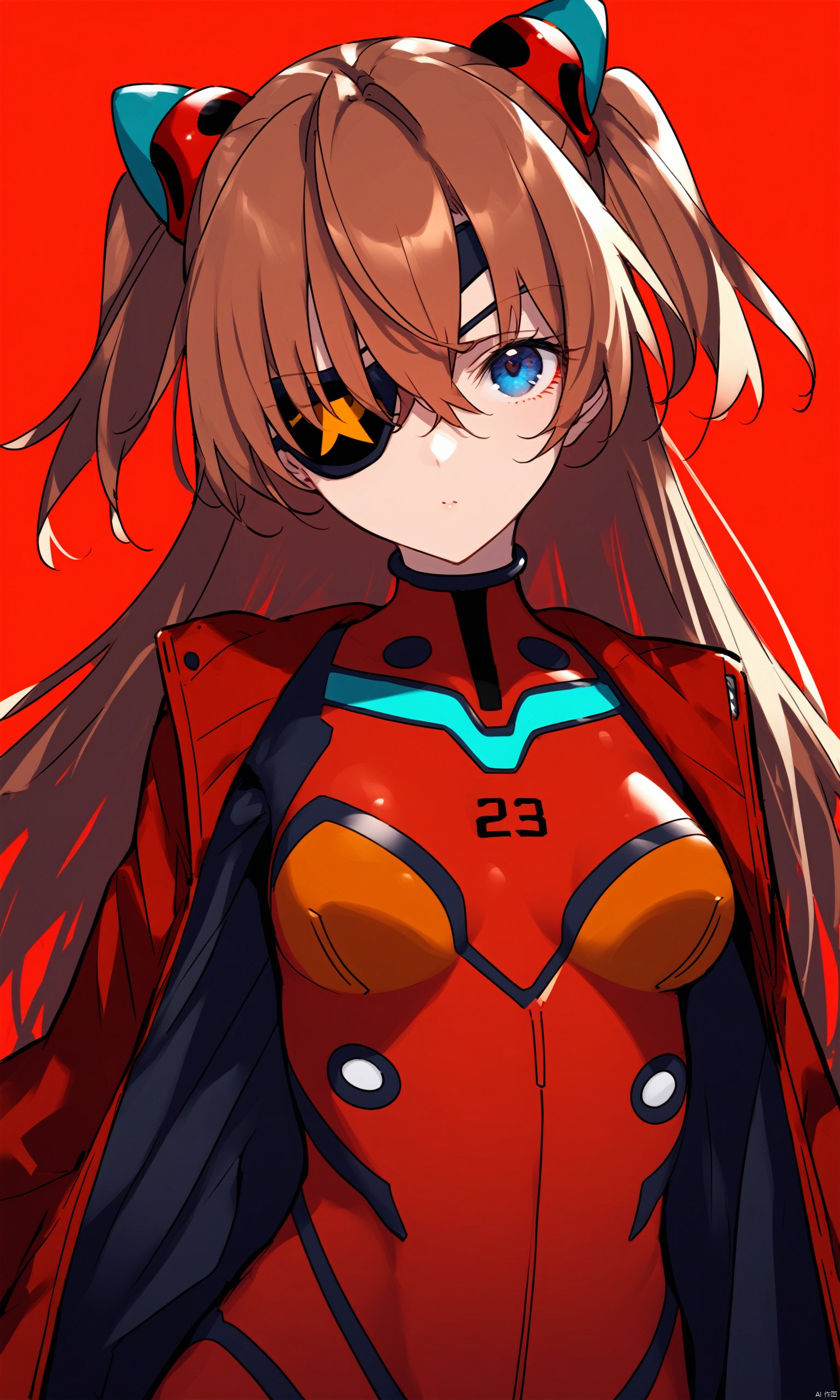 1girl,solo,souryuu asuka langley,eyepatch,red background,blue eyes,plugsuit,long hair,jacket,looking at viewer,breasts,upper body,red bodysuit,bodysuit,simple background,brown hair,open clothes,two side up,bangs,open jacket,closed mouth,interface headset,long sleeves,hair between eyes,brown jacket,red jacket,medium breasts,