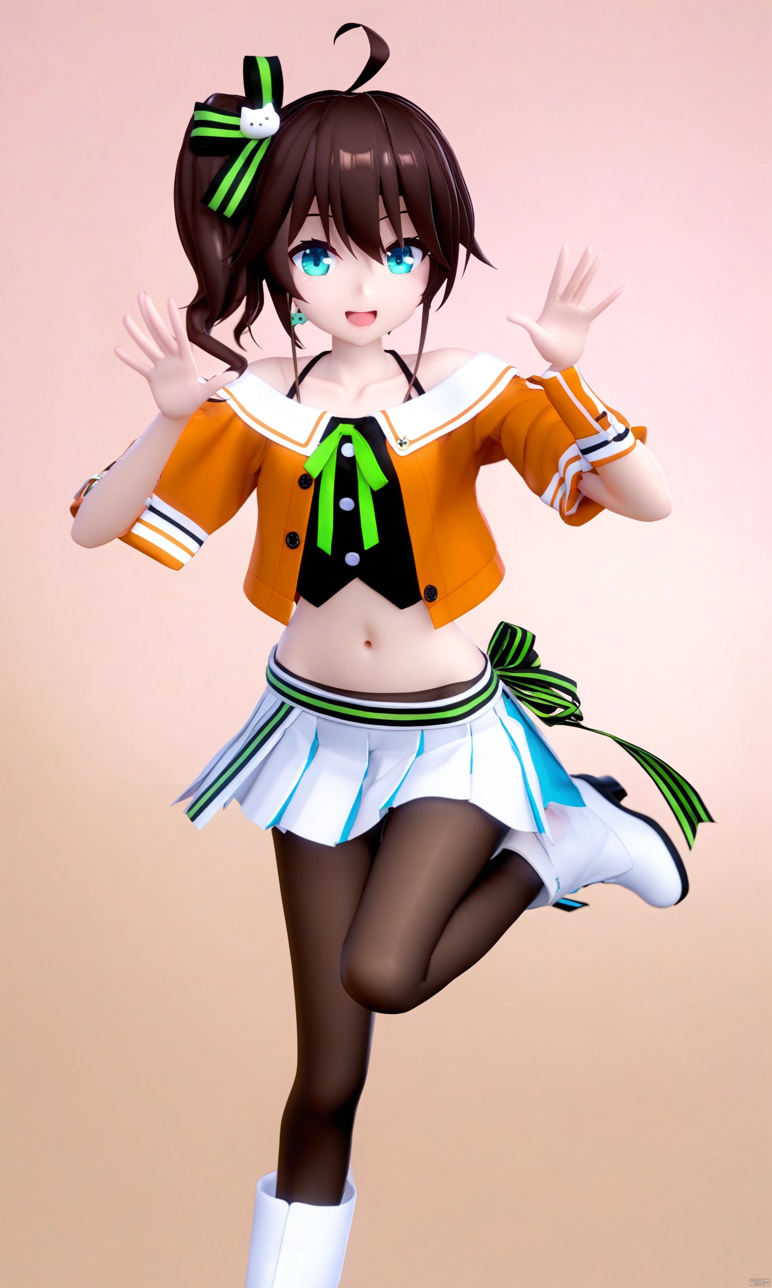  artist mmd,1girl,natsuiro matsuri,virtual youtuber,solo,side ponytail,brown hair,pantyhose,skirt,ahoge,off-shoulder jacket,orange jacket,cat hair ornament,pleated skirt,white skirt,black camisole,camisole,green ribbon,looking at viewer,standing on one leg,off shoulder,open mouth,hair ornament,ribbon,midriff,white footwear,navel,boots,hair between eyes,bangs,jacket,miniskirt,standing,hands up,smile,crop top,hair ribbon,blue eyes,black pantyhose,cropped jacket,spaghetti strap,neck ribbon,bare shoulders,pinstripe pattern,short sleeves,collarbone,medium hair,full body,breasts,striped,aqua eyes,