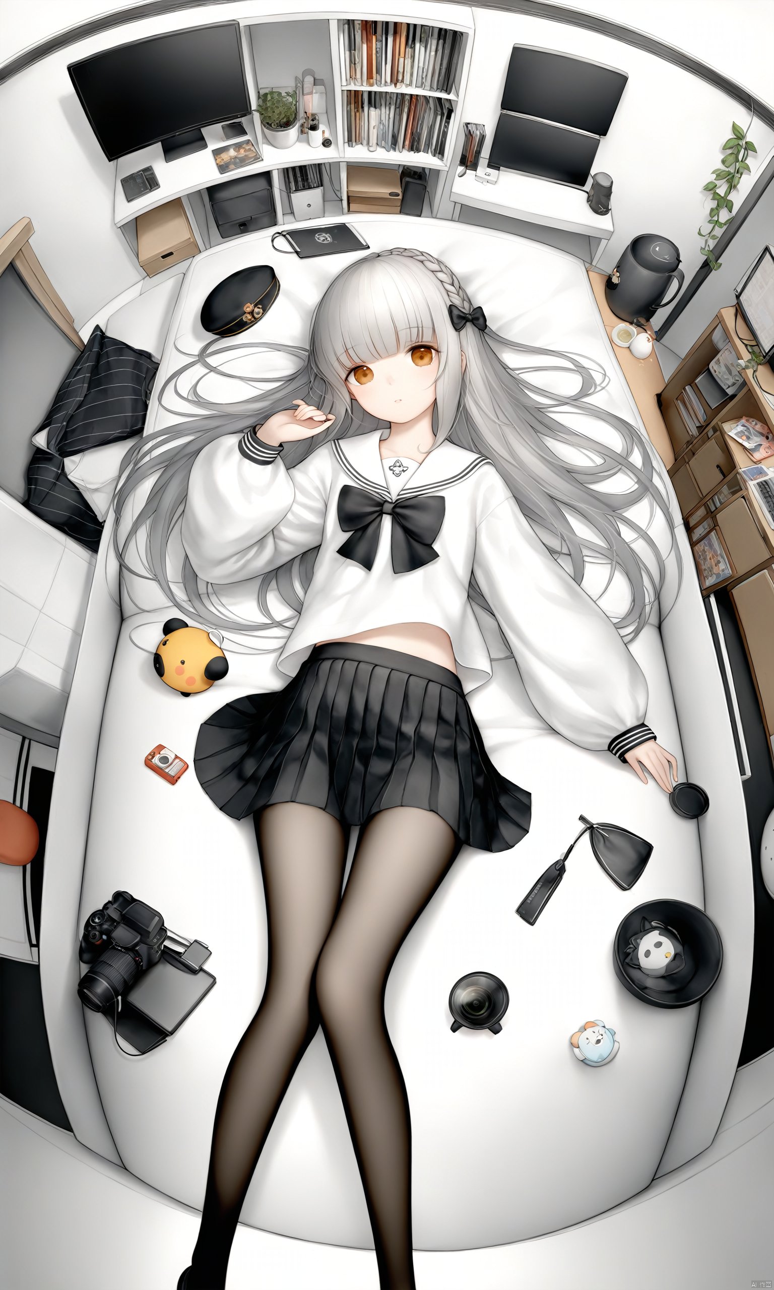 chowbie_jue,bangs,black_bow,black_pantyhose,black_skirt,blurry,blurry_background,bow,braid,brown_eyes,grey_hair,hair_between_eyes,hair_bow,hand_up,highres,legs,long_hair,long_sleeves,looking_at_viewer,original,black background,pantyhose,pleated_skirt,puffy_long_sleeves,puffy_sleeves,sailor_collar,shirt,skirt,solo,standing,white_sailor_collar,white_shirt,solo,messy room,loaded interior,bedroom,(((otaku room))),(computer)wide shot,(lying on back:1.3),Herb Ritts,cowboy shot,fisheye,