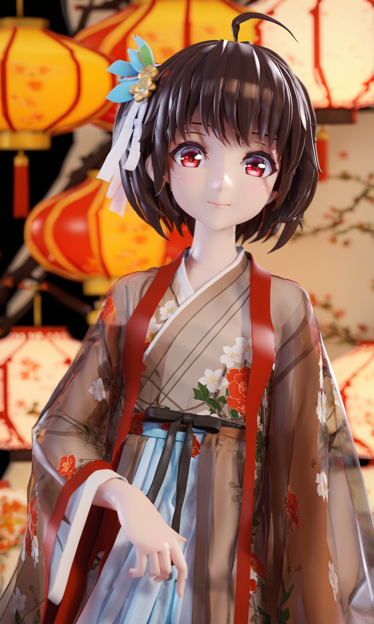 artist mmd, 1girl, solo, red eyes, looking at viewer, hair ornament, short hair, upper body, brown hair, blurry, ahoge, bangs, chinese clothes, see-through, depth of field, hanfu, smile, floral print, closed mouth