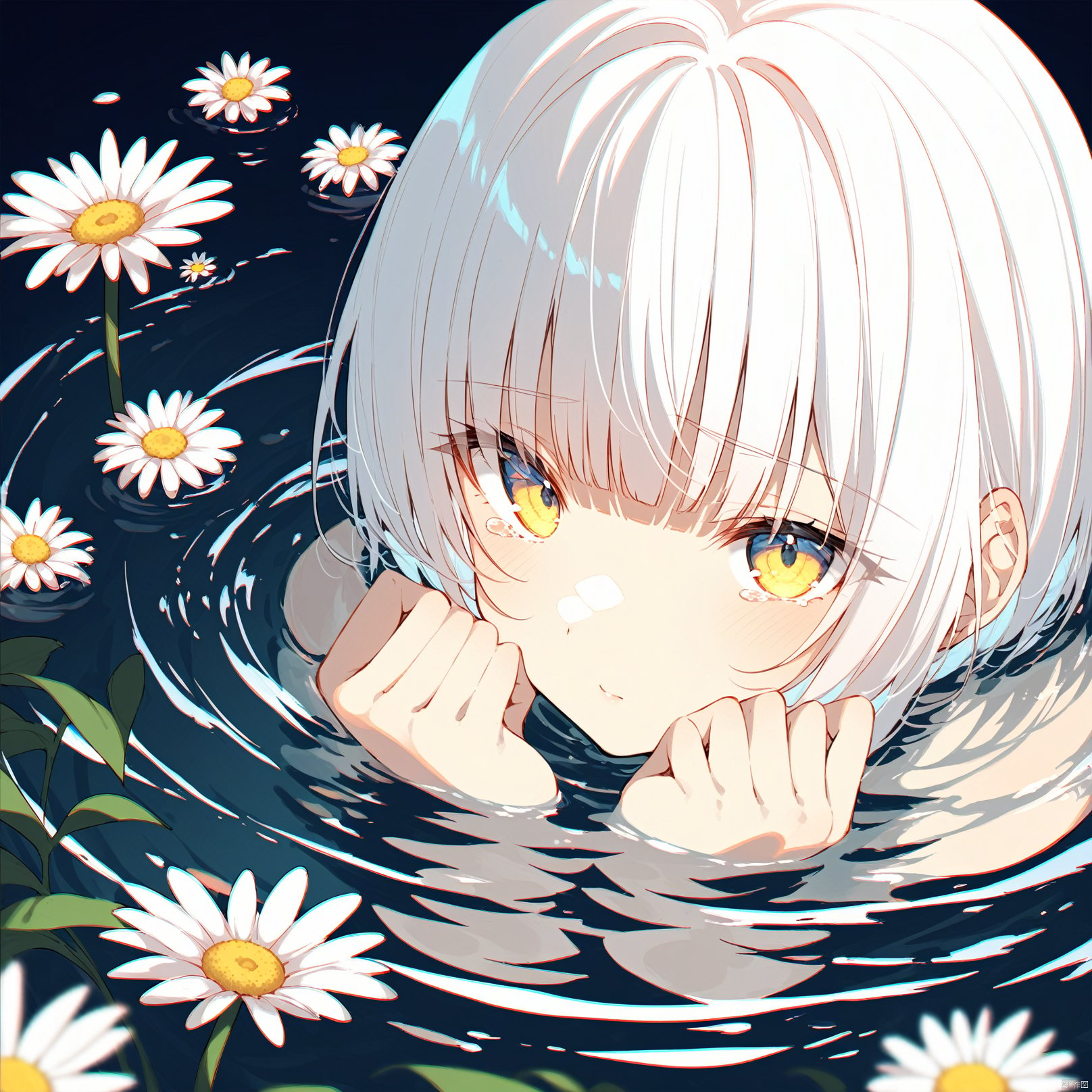  best quality,(chromatic aberration),(beautiful young female:1.4),(streaming tears),sad,(daisy),(daisy),(daisy),looking at viewer,partially submerged,both hands on own cheek,{see-through long shirt},{no bra},(white hair, short hair, bangs:1.2),(glowing eyes),ripples,dark water,black background,(prismatic),