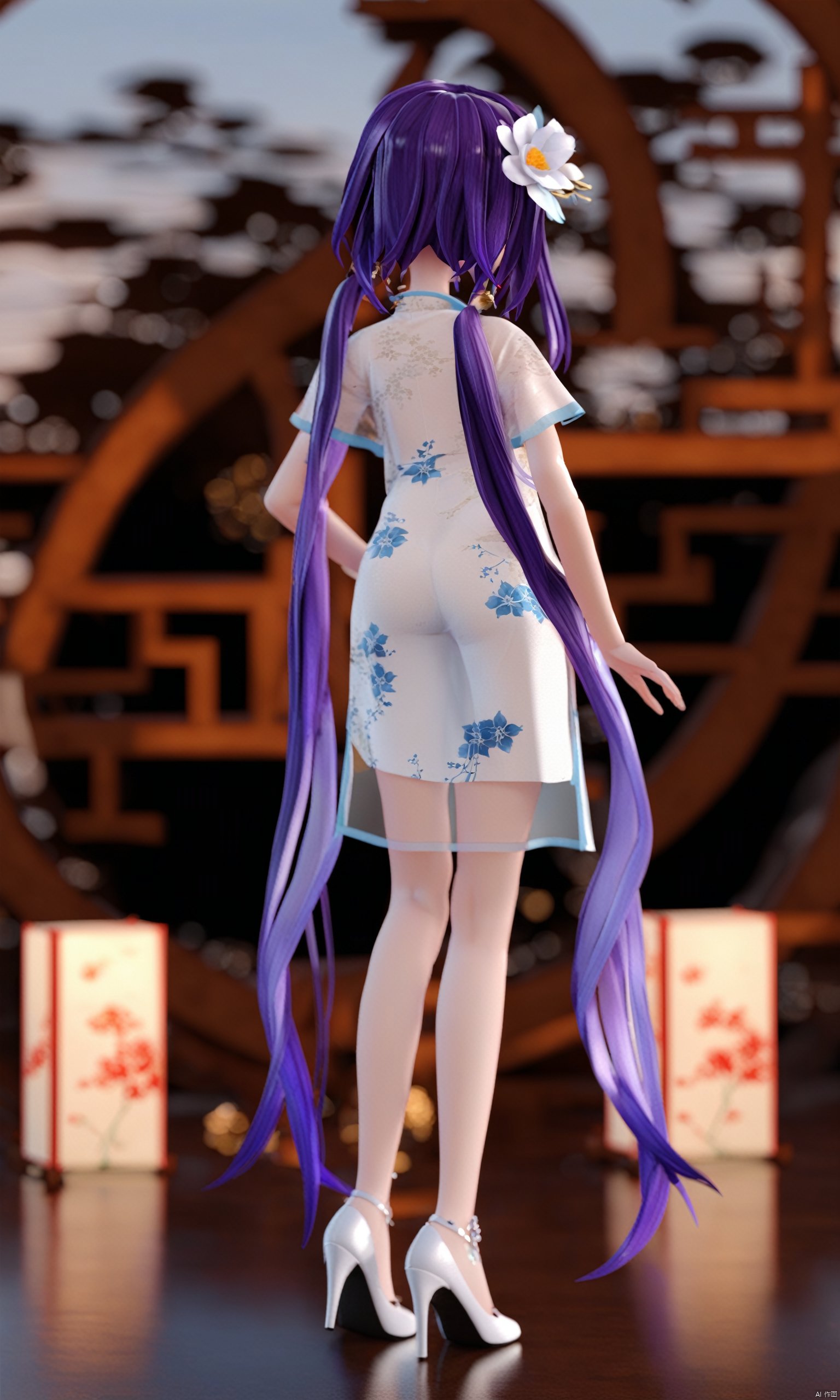 artist mmd, 1girl, long hair, solo, high heels, chinese clothes, dress, from behind, very long hair, purple hair, hair ornament, white footwear, flower, white dress, hair flower, standing, twintails, china dress, blurry, full body, see-through, facing away, floral print, blurry background, white flower, scroll, chinese text