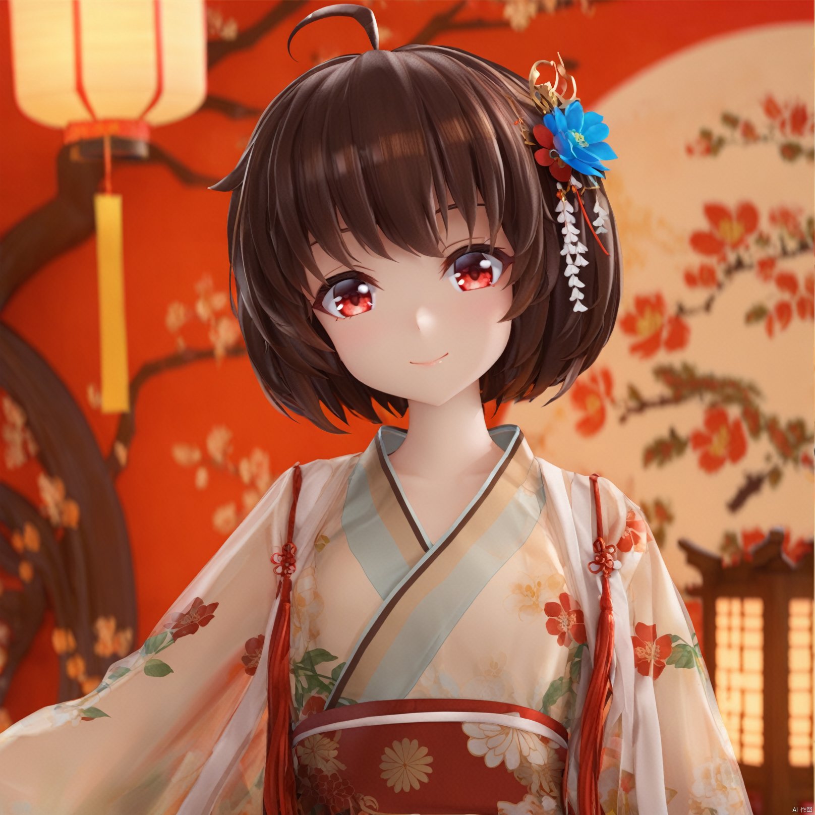  artist mmd,1girl,solo,red eyes,looking at viewer,hair ornament,short hair,upper body,brown hair,blurry,ahoge,bangs,chinese clothes,see-through,depth of field,hanfu,smile,floral print,closed mouth,