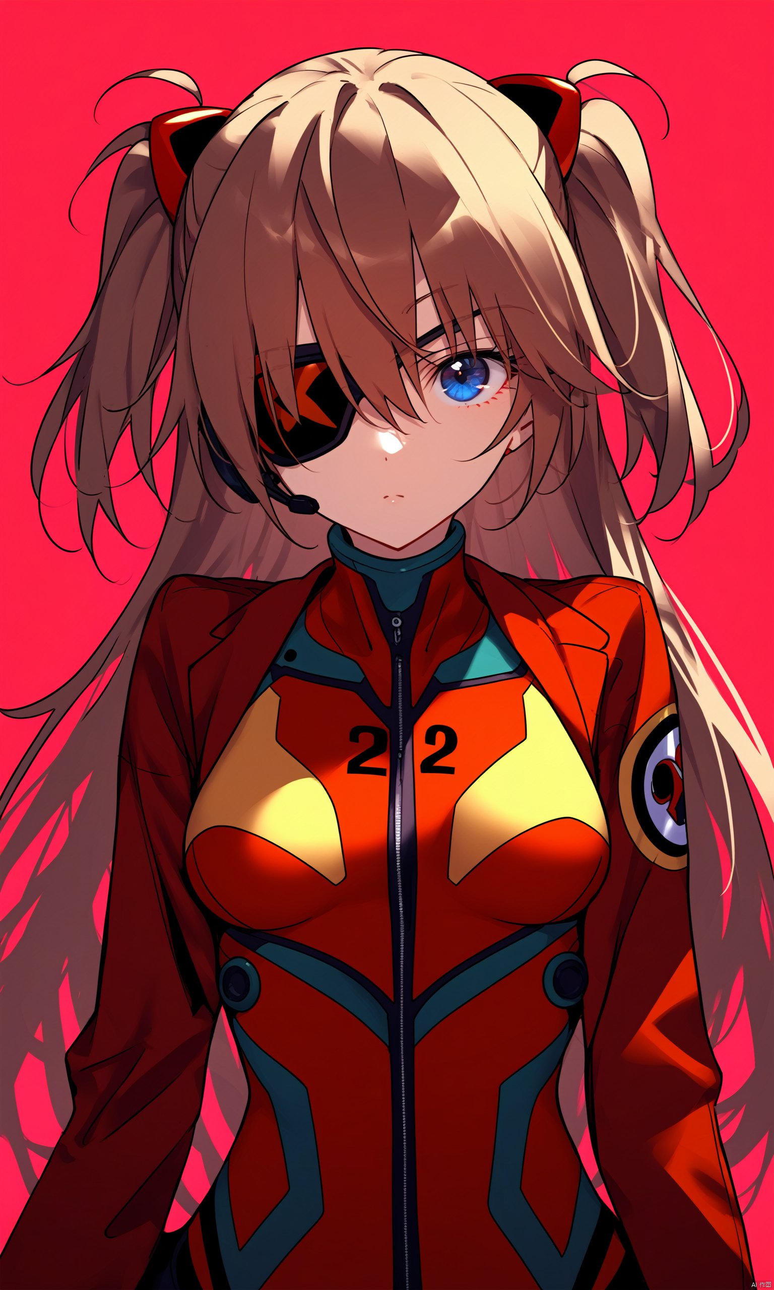 1girl,solo,souryuu asuka langley,eyepatch,red background,blue eyes,plugsuit,long hair,jacket,looking at viewer,breasts,upper body,red bodysuit,bodysuit,simple background,brown hair,open clothes,two side up,bangs,open jacket,closed mouth,interface headset,long sleeves,hair between eyes,brown jacket,red jacket,medium breasts,