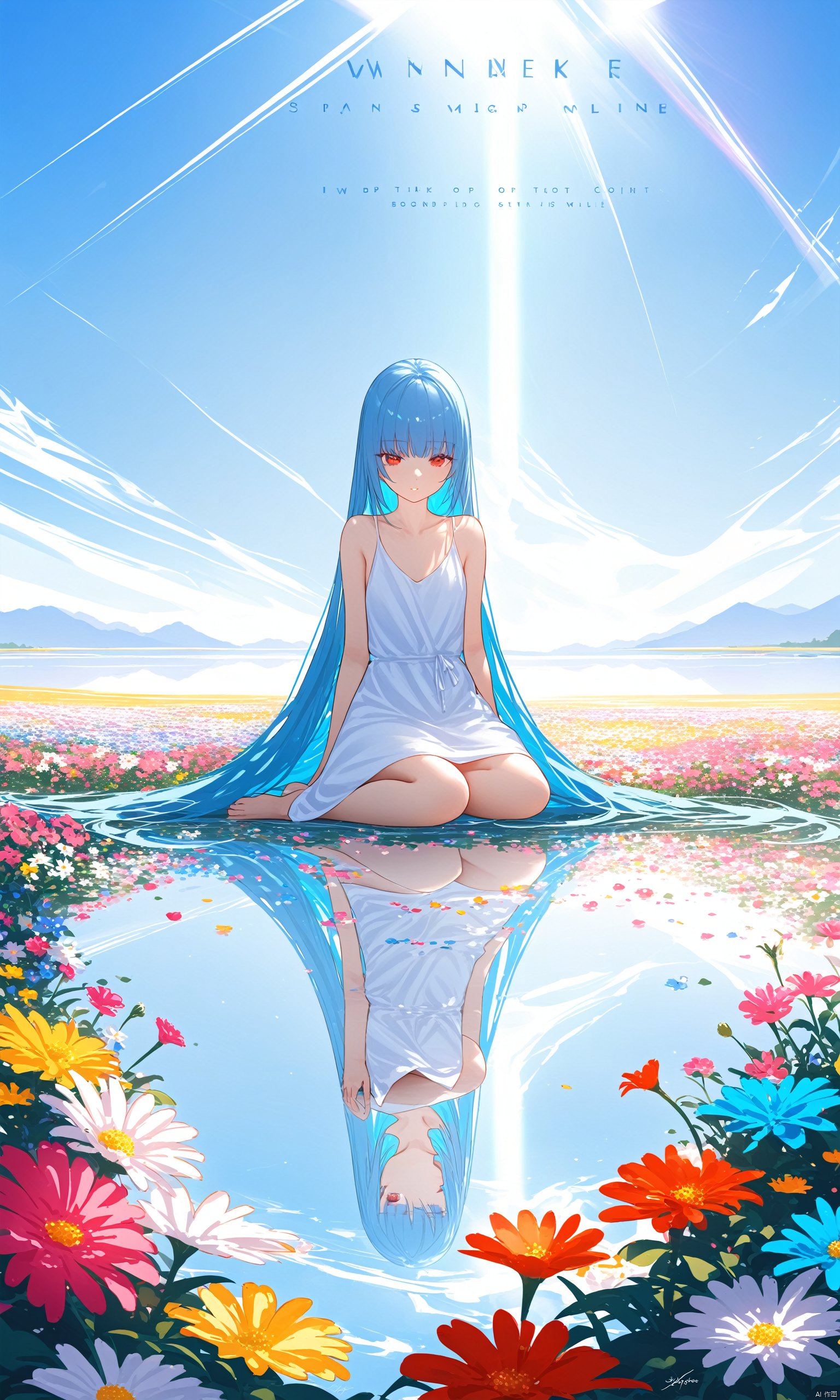 best quality,masterpiece,illustration,(reflection light),incredibly absurdres,(Movie Poster),(signature:1.3),(English text:1.3),1girl,girl middle of flower,pure skyblue hair,red eyes,clear sky,outside,collarbone,sitting,absurdly long hair,clear boundaries of the cloth,white dress,fantastic scenery,ground of flowers,thousand of flowers,colorful flowers,flowers around her,various flowers,