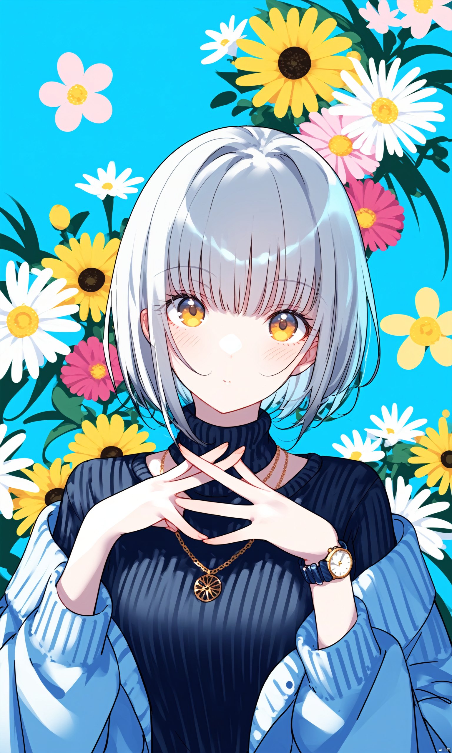 1girl, watch, solo, wristwatch, floral background, sweater, looking at viewer, jewelry, upper body, bangs, flower, blush, off shoulder, necklace, long sleeves, closed mouth, hands up, grey hair, yellow eyes, black sweater, own hands together, open clothes, shirt, short hair, jacket, cardigan, blue background, turtleneck, blue sweater