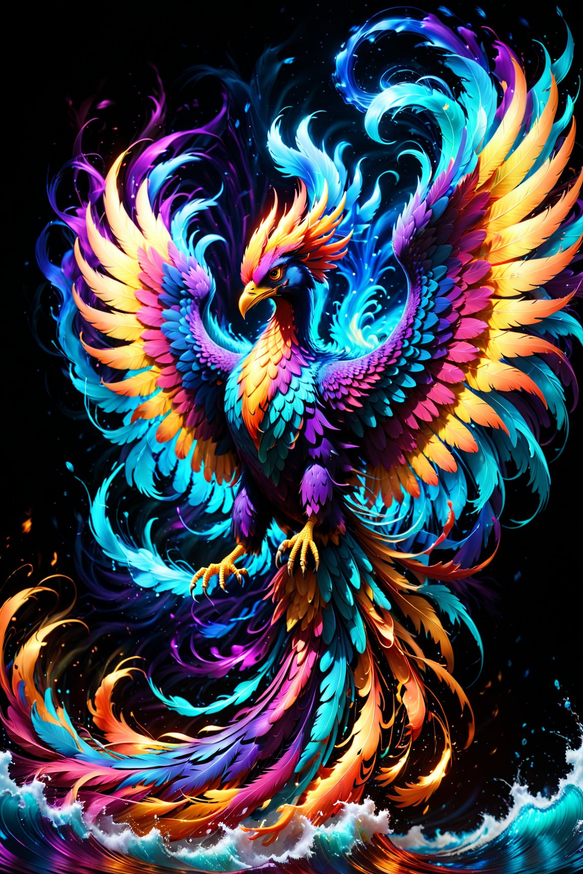 "(best quality, 4k, 8k, highres, masterpiece), ultra-detailed, (realistic, photorealistic, photo-realistic), high-quality, beautiful and fantastically designed silhouettes, colorful phoenix, created by quantum interference pattern, beautifully designed wavelengths of quantum interference, vivid, colorful, colors of interference waves, different waves mixed within the waves, the colors are fantastic, by yukisakura, awesome full color"

