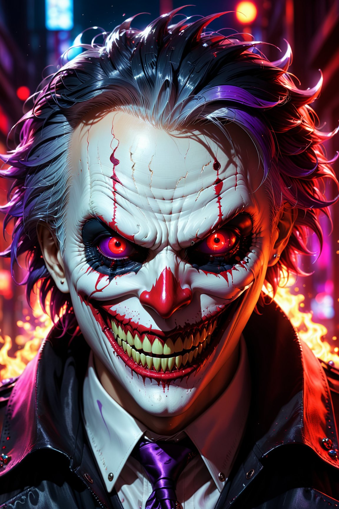 "Gothic style colors, detailed fantasy image, sinister clown monster with red eyes and black sclera, devilish smile with two sharp teeth, cosmic colors in red, purple, and black tones, highly detailed and of high quality with surreal precision, atmospheric horror atmosphere, blurring the line between reality and fantasy, ((Hellsing:1.3)) ((Tokyo Ghoul:1.3)), hyper-detailed holographic glow, particles of light, bold and dark, panoramic view, 32k resolution, challenging look photographed with a DSLR camera, instagram.com/canvas_art_a.i/, resolution, photorealistic rendering, using Cinema 4D, best quality, clothing print design."
