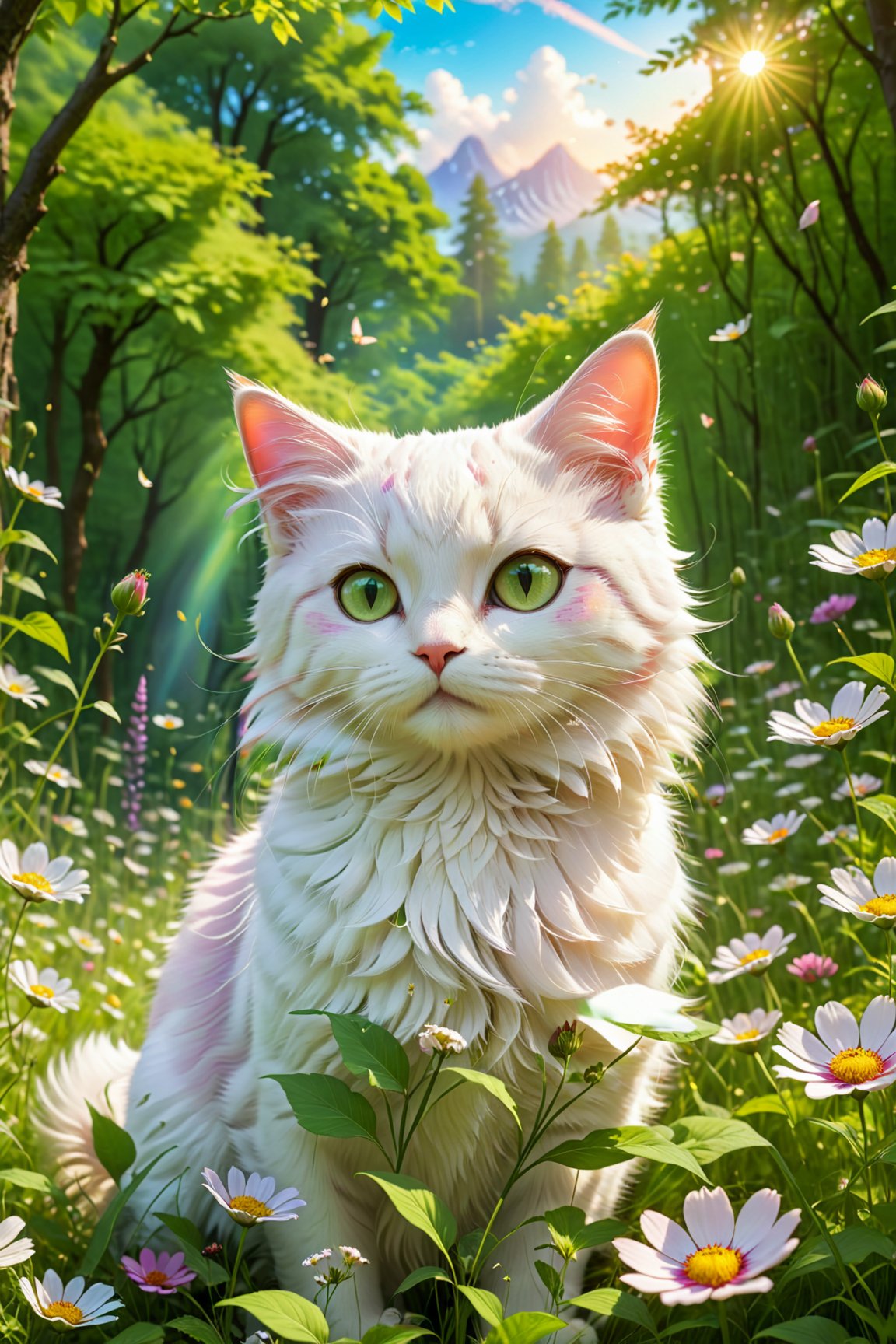 (best quality,4k,highres,ultra-detailed,masterpiece:1.2),cute anime cat,faraway distant shot,white cat,forest of flowers,floral paradise,aesthetic flowers,vibrant colors,lush vegetation,sunlight filtering through leaves,peaceful ambiance,serene atmosphere,anime-style cat,vivid shades of green,gentle breeze through the trees,majestic scenery,ethereal beauty,wildflower meadow,colorful petals dancing in the wind,peaceful and tranquil surroundings.