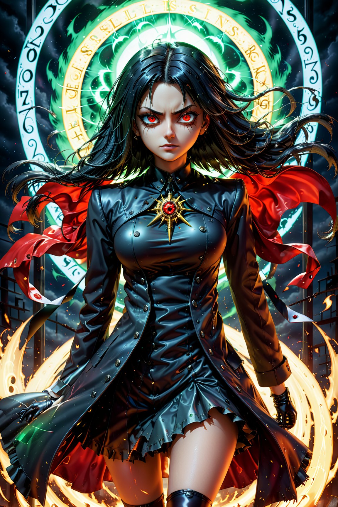 "Gothic, dark, very detailed fantasy illustration of a young magical girl with a dark gaze seeking revenge. The artwork is highly detailed, showcasing high-quality cosmic colors with surreal precision. The illustration is a full-body composition with a zoom effect, echoing the atmospheric atmosphere of death and blurring the line between reality and madness. Influenced by anime ((Hellsing:2.3)) and ((Overlord:1.3)), it features a hyper-detailed holographic glow, light particles, and a panoramic view. The image has a challenging look captured with a DSLR camera, and you can find it on instagram.com/canvas_art_a.i/. The resolution is 32k, and it's rendered with photorealistic precision using Cinema 4D, ensuring the best quality for clothing print design."
