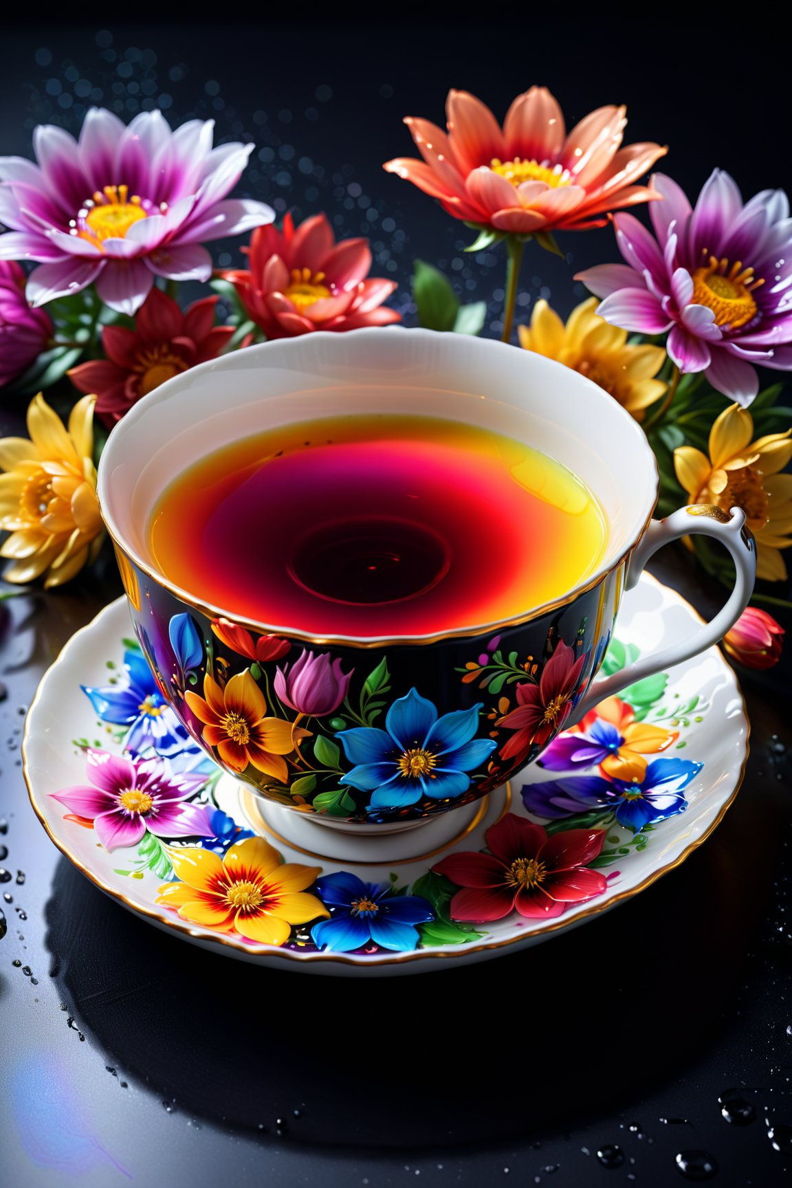 (best quality,4k, highres, masterpiece:1.2), ultra-detailed, realistic:1.37, vivid colors, sharp focus, bokeh, HDR, studio lighting, physically-based rendering, UHD, ultra-fine painting, professional), one teacup, color liquid metal against a black surface, flowers, surrealism, abstract, intricate brush strokes, beautiful lighting, intricate details, creative, colorful