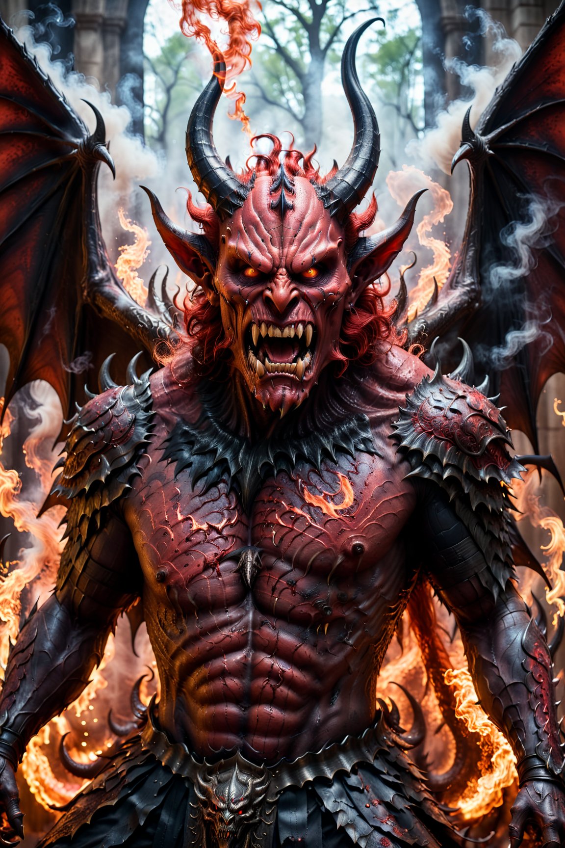 Horror-themed cinematic film still, a horrifying red-skinned male demon king, (full body portrait:1.3), (detailed monstrous evil face:1.4), screaming, wide spread bat like wings, (detailed scaly skin texture:1.2), long curved horns, (in hell, swirling tormented souls, billowing smoke:1.5), black spiky armor, , shallow depth of field, vignette, highly detailed, high budget, bokeh, cinemascope, moody, epic, gorgeous, film grain, grainy . Eerie, unsettling, dark, spooky, suspenseful, grim, highly detailed