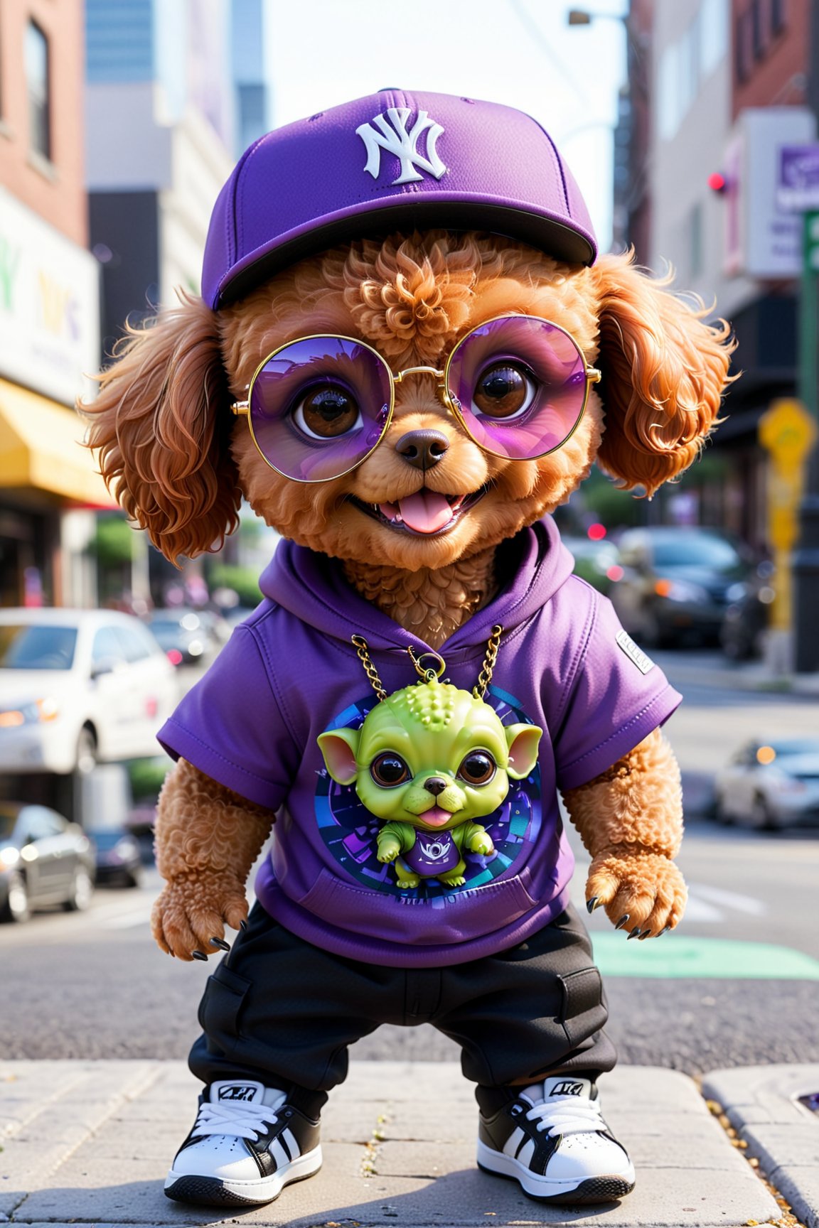 "Create a photorealistic depiction of a cute, fat, short red-brown toy poodle face baby alien. The alien should be wearing a purple NY cap, sunglasses, an oversized tee, black pants, purple Air Jordan shoes, and a big dollar sign necklace. The scene should portray the alien crossing its arms while standing at a street corner. Ensure high-quality details in the rendering, capturing the adorable and quirky elements of the character. Utilize a lens like (((macro))) for close-up details and specify a lens size for a realistic and endearing result."
