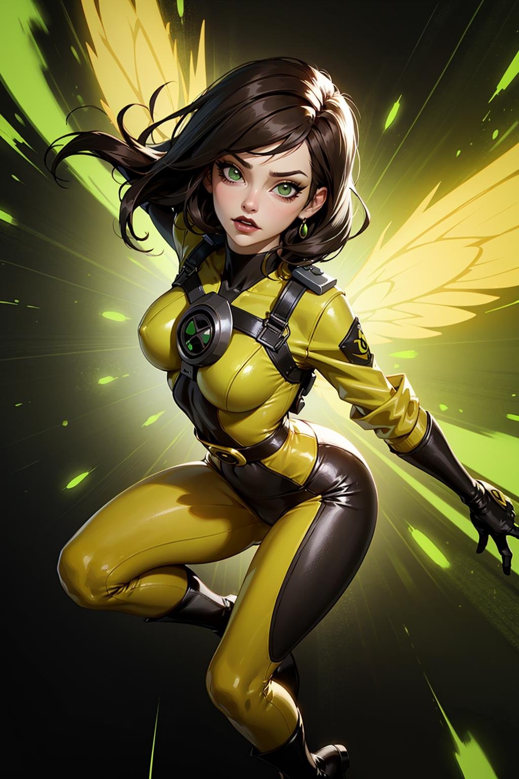 a realistic and detailed full-body shot of a female character named Sheva,  Petite,  athletic,  curvaceous,  Pale and pearlescent skin,  expressive lips with black lipstick,  (Medium length Dark brown hair),  asymmetrical and spiky bangs hairstyle,  her eyes are Sharp and confident with dark green iris and gold highlights,  Green and Yellow Flightsuit with orange trim,  black corset,  (black and orange leggings),  the word 'PULSE' printed on the leggings,  (Yellow and black athletic combat boots with white trim),  White chronal accelerator harness attached to the chest,  (Two orange-green insect-wings),  (White gauntlet gloves),  prominent circular belt buckle,  Green goggles on top of her head,  4K,  masterpiece,  high quality,  tracer_overwatch,  goggles,  chest harness,  bomber jacket,  bodysuit,  sh1,  green eyes,  gloves,  multicolored bodysuit,  makeup,  wasp,  , (best quality,<lora:EMS-3318-EMS:0.500000>,<lora:EMS-65161-EMS:0.400000>,<lora:EMS-83367-EMS:0.300000>