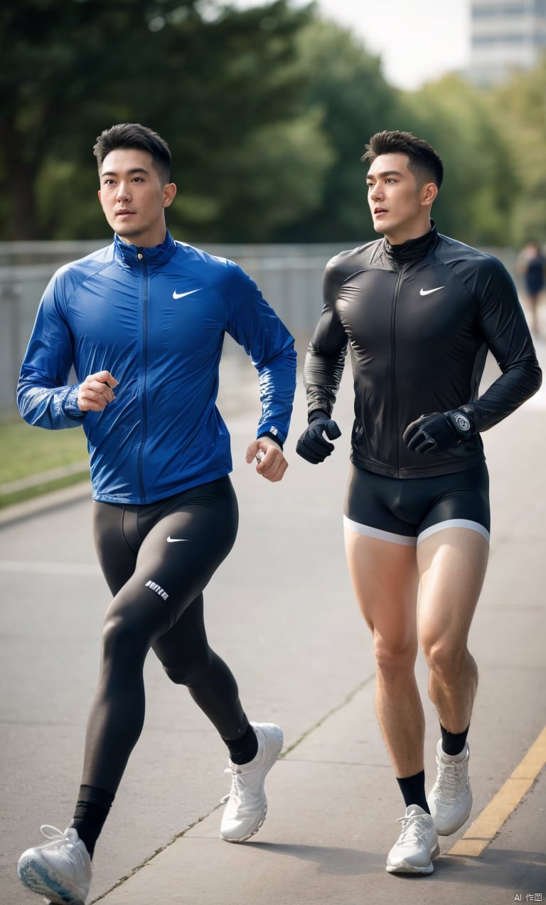  👫, a Handsome man and a pretty woman running together,(RAW Photo,Masterpiece,High Resolution,photorealistic,Realism,best quality,sharp focus, profession),Asian, exquisite facial features,handsome,muscular,flat top hair,textured skin,tights,kneehigh socks,Nike windbreaker Sneakers,gloves,running,blurry,outdoors,sunshine, Ray Tracing,full body,Dynamic angle,1man,