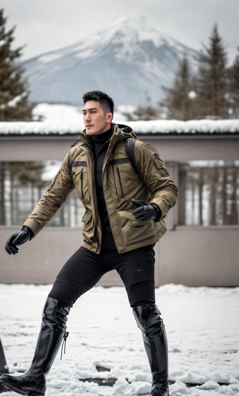 1man,asian,exquisite facial features,handsome,tall,male focus,parka,(black knee_boots),gloves,armband,muscular,full body,dynamic pose,(masterpiece, realistic, Realism, best quality, highly detailed, 8K Ultra HD, sharp focus, profession),soft lighting,blurry,outdoors,Dynamic angle,1man