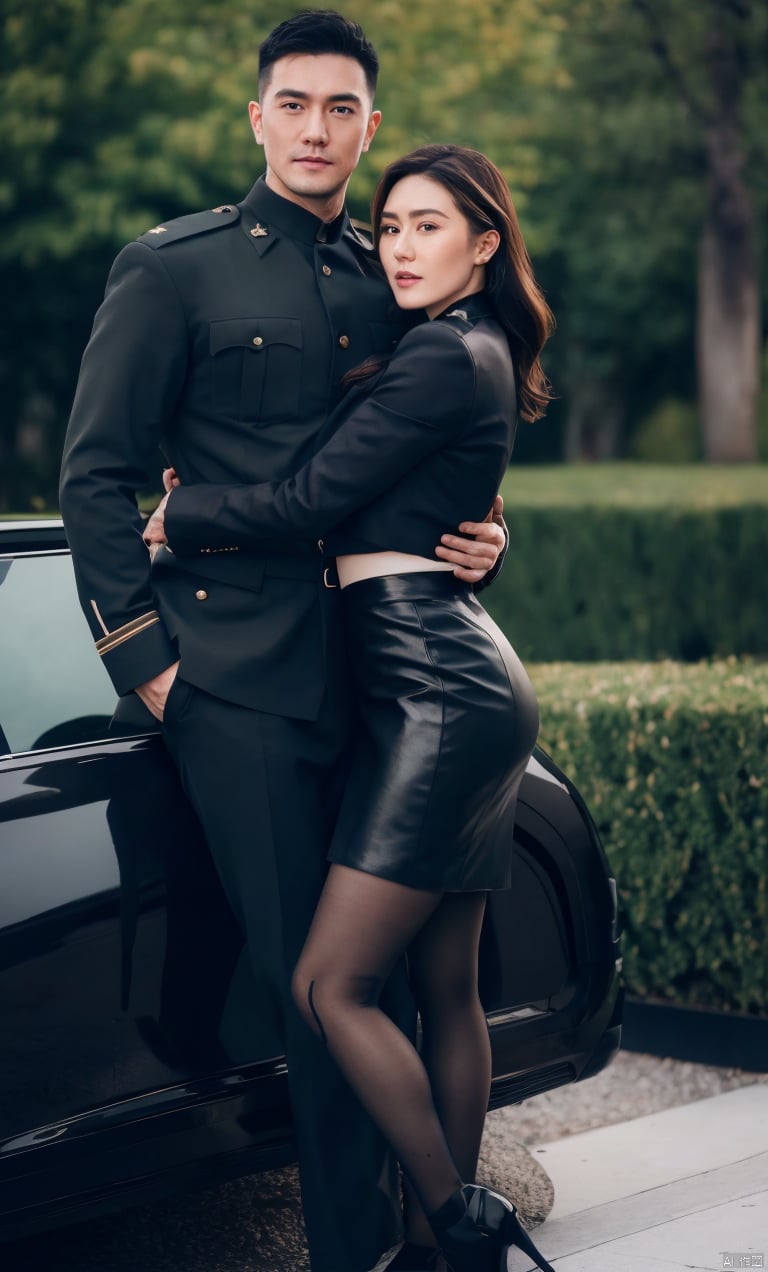  👫,a Handsome man and a pretty woman hugging together, Asian,(masterpiece, realistic, Realism, best quality, highly detailed, 8K Ultra HD, sharp focus, profession),(muscular man, wearing military_uniform), (slim woman, wearing mini pencil skirt), face to face, affectionate, charming, outdoors, soft lighting,1man, blackpantyhose, 1man