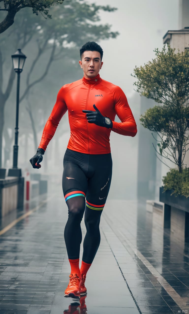  1man,male focus,(masterpiece, realistic, Realism, best quality, highly detailed, 8K Ultra HD, profession),asian,running,exquisite facial features,handsome,tall,(colorful tight clothes),gloves,knee socks,muscular,full body,spring,raining,Misty rain,blurry,cyberpunk, wetclothes