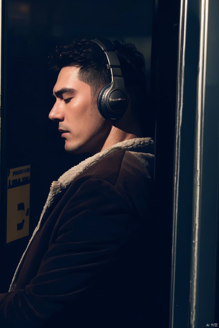  1man leans against the door of a train, his eyes closed as he listens to music through his headphones,(The train is passing through a city at night), and the city lights flicker in the window behind him,his face is serene, a contrast to the bustling world outside,The scene captures a moment of personal tranquility amidst the urban chaos,(close up),dark lighting,cyberpunk,1man, HUBG_Film_Texture, 1man