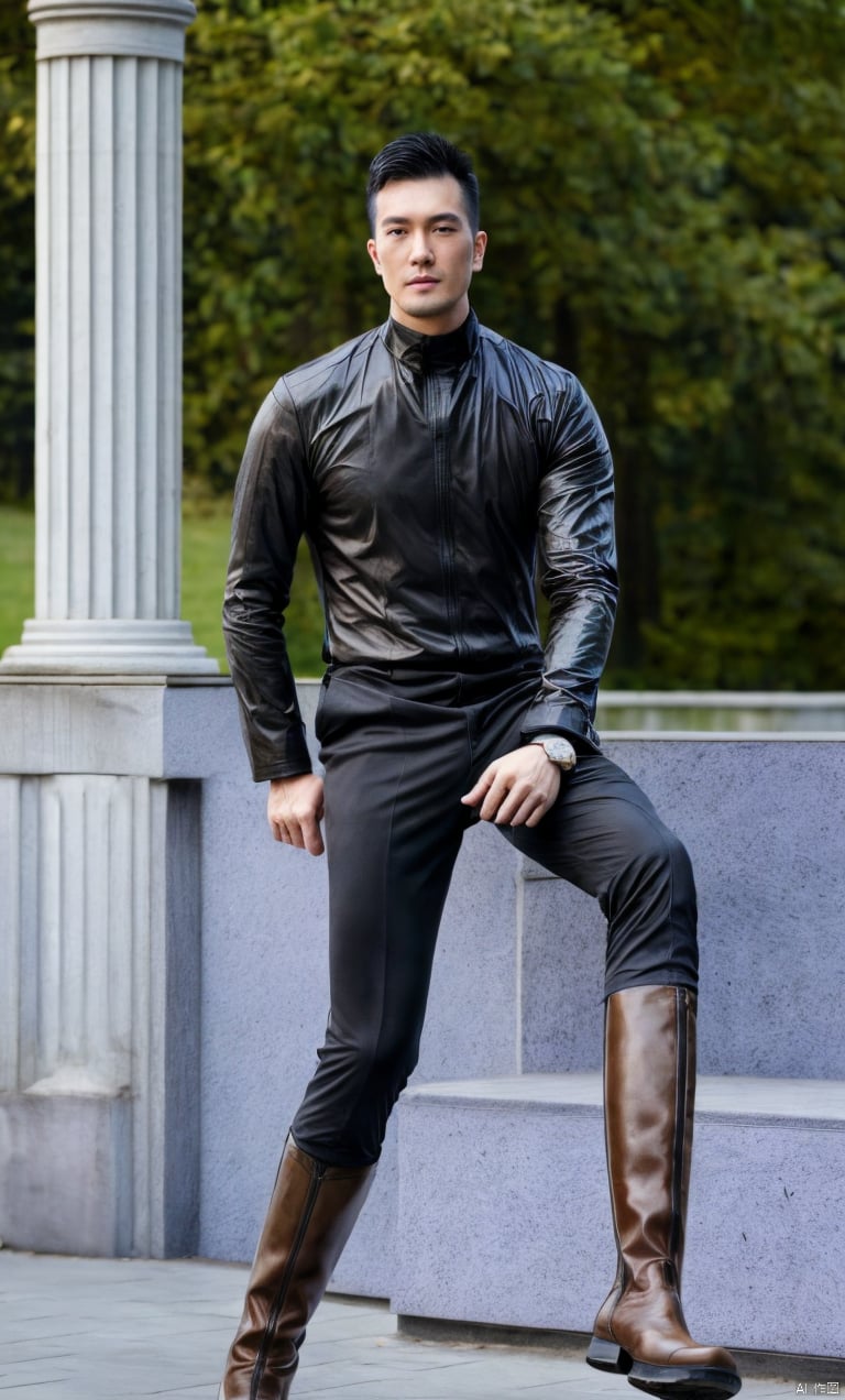  1man,asian,exquisite facial features,handsome,tall,male focus,aria_company_uniform,(black knee_boots),gloves,armband,muscular,full body,dynamic pose,(masterpiece, realistic, Realism, best quality, highly detailed, 8K Ultra HD, sharp focus, profession),soft lighting,blurry,outdoors,Dynamic angle,1man