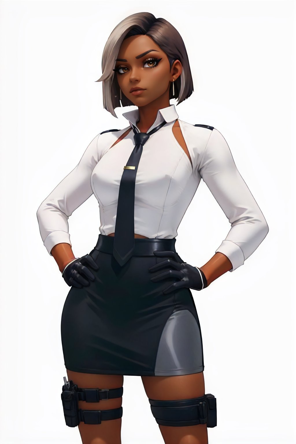 <lora:FN_Antonia-DEF:0.7> antonia, solo, dark skin, white shirt, necktie, two tone hair, eyeliner, hands on hip, pencil_skirt, gloves, single thigh holster, cowboy shot, white background, perfect, sharp, masterpiece, detailed, high resolution, best quality,