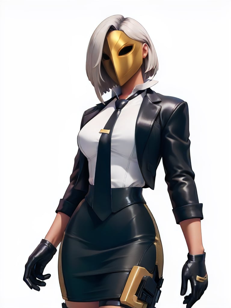 <lora:FN_Antonia-DEF:0.7> antonia, solo, white shirt, necktie, two-tone hair, golden mask, pencil_skirt, gloves, single thigh holster, cowboy shot, white background, perfect, sharp, masterpiece, detailed, high resolution, best quality,