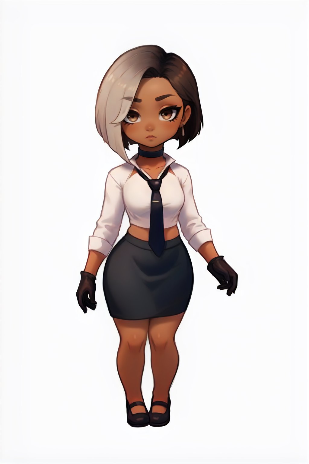 <lora:FN_Antonia-DEF:0.7> antonia, solo, short hair, choker, dark skin, two-tone hair, gloves, eyeliner, necktie, white shirt, pencil_skirt, chibi, full body, white background