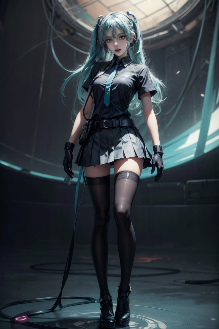 female, ((masterpiece, best quality, ultra detailed, absurdres):1.5),mikusound,miku, hatsune_miku, skirt, holding,shirt, gloves, holding, hair between eyes, twintails, very long hair, closed mouth, standing, short sleeves, pantyhose, pleated skirt, necktie, collared shirt, belt, miniskirt, aqua eyes, blue skirt, black pantyhose, black shirt, aqua hair,head phone, photorealistic, ,demonictech