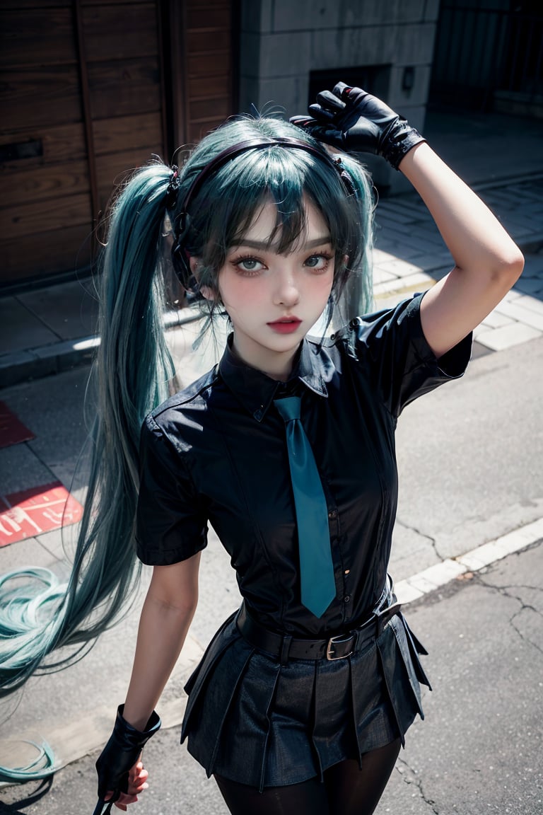 female, ((masterpiece, best quality, ultra detailed, absurdres):1.5),mikusound,,miku, hatsune_miku, skirt, holding,shirt, gloves, holding, hair between eyes, twintails, very long hair, closed mouth, standing, short sleeves, pantyhose, pleated skirt, necktie, collared shirt, belt, miniskirt, aqua eyes, blue skirt, black pantyhose, black shirt, aqua hair,head phone, photorealistic, viewed_from_above