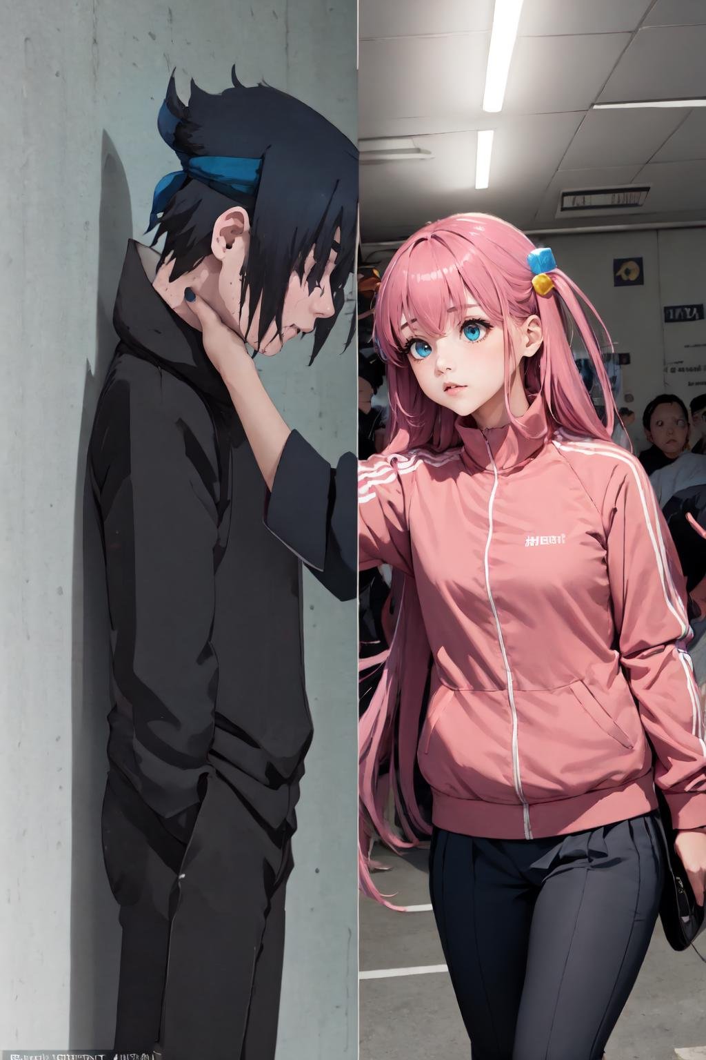 1girl, IncrsChokeMeme, <lora:SasukeChokeEditsMeme-000004:1>, gotohdef, one side up, cube hair ornament, pink jacket, track jacket, <lora:Char_BocchiTheRock_HitoriGotoh:1>, 