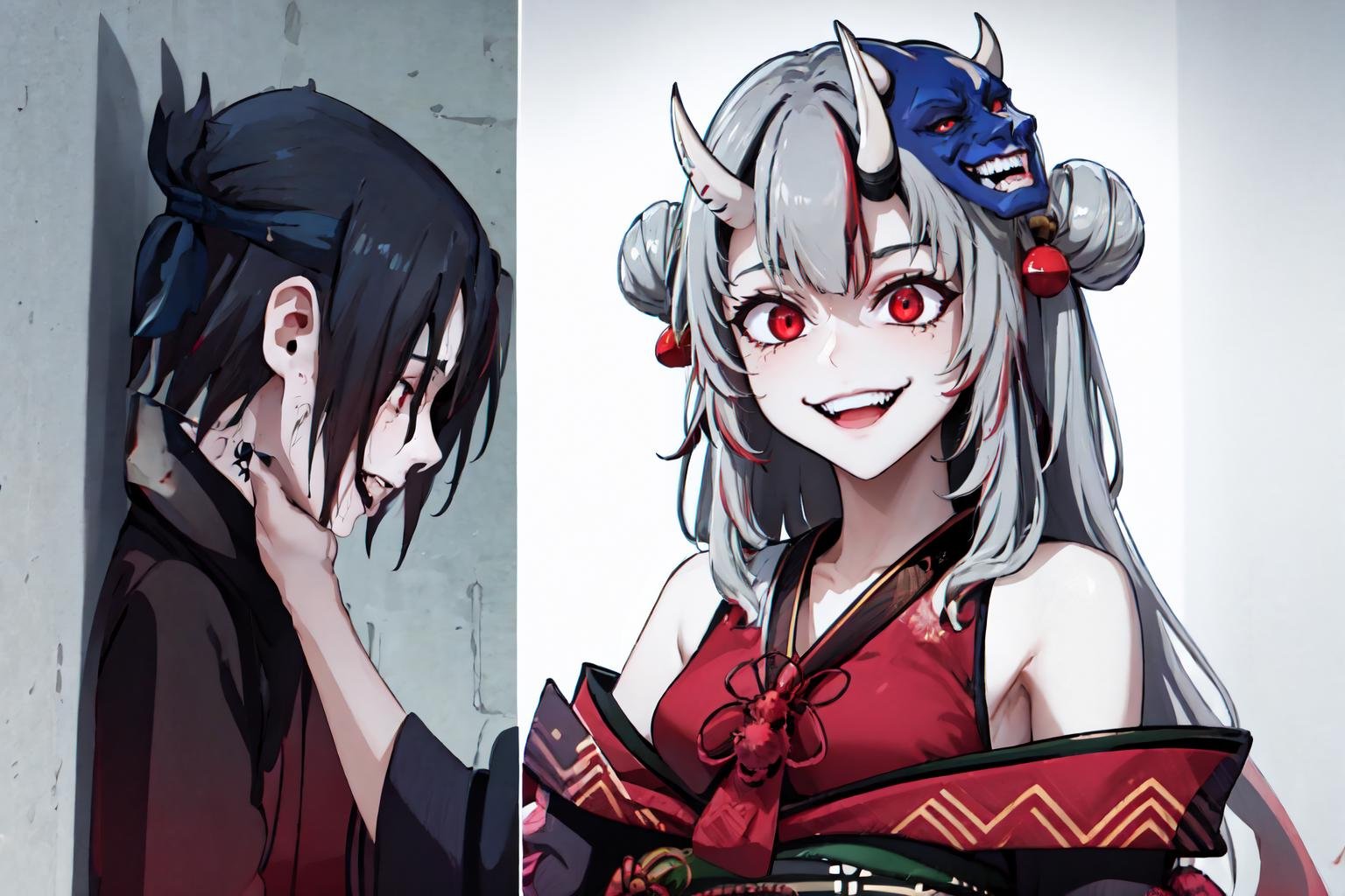 IncrsChokeMeme, <lora:SasukeChokeEditsMeme:1>, Nakiri Ayame, long hair, double bun, AyameBase, black kimono, hair bell, bare shoulders, long sleeves, oni mask, mask on head, <lora:Char_VTuber_NakiriAyame:1>, edgGesugao, edgGesugao facial expression, sadistic smile, evil smile, <lora:Expression_Gesugao:0.85>