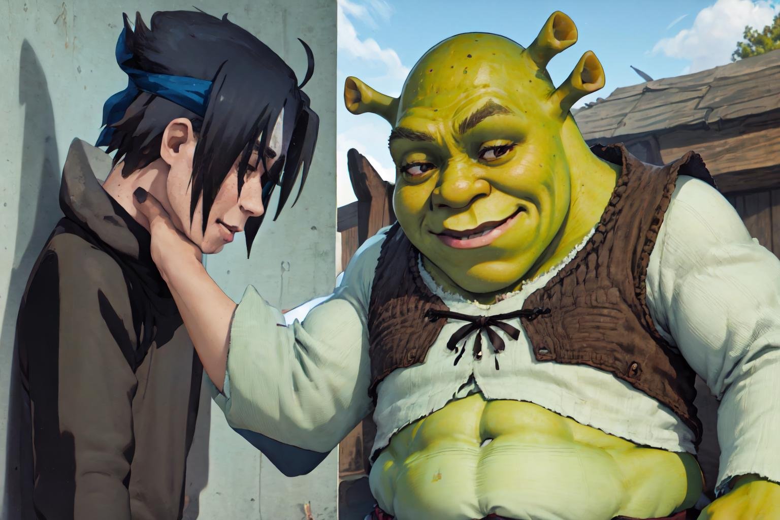 IncrsChokeMeme, <lora:SasukeChokeEditsMeme:1>, shrex, green skin, ogre, shrek, <lora:Char_Sigmas_Shrek:0.9>, smirk, 