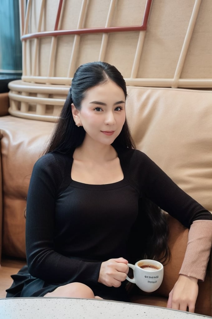 1girl, solo, long hair, looking at viewer, closed mouth, shirt, black hair, holding, jewelry, sitting, earrings, bag, cup, table, holding cup, coffee mug, coffee shop, from side, black skirt, long sleeves, white shirt, face1,photorealistic, front view, 40 years old 