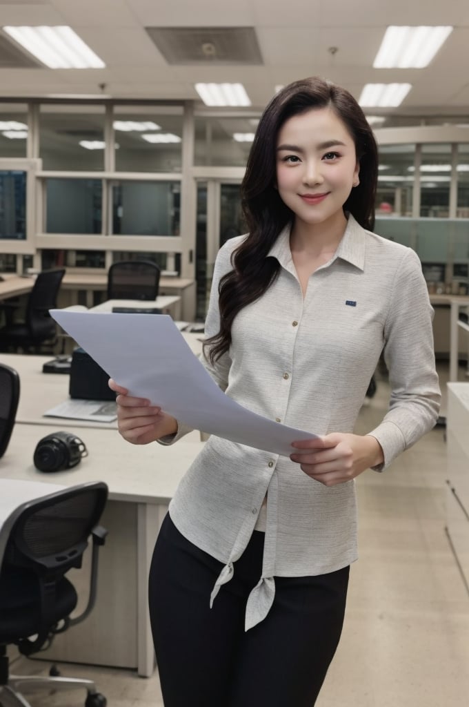 looking at viewer, holding, holding document, long hair, smile, standing, host program uniform, long neckties, office, seductive, black eyes, 8k, high quality, analog, Kodak, f.1/2, Fujifilm, film grain