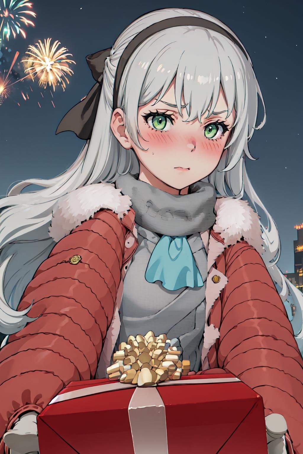 1girl, IncrsGettingAPresent, pov, winter clothes, scarf, <lora:POVGettingAPresent:1>, elie macdowell, green eyes, hairband, blue ascot, hair ribbon, <lora:Char_OC_ElieMacDowell:0.9>, outdoors, fire works, night, shy, blush, 