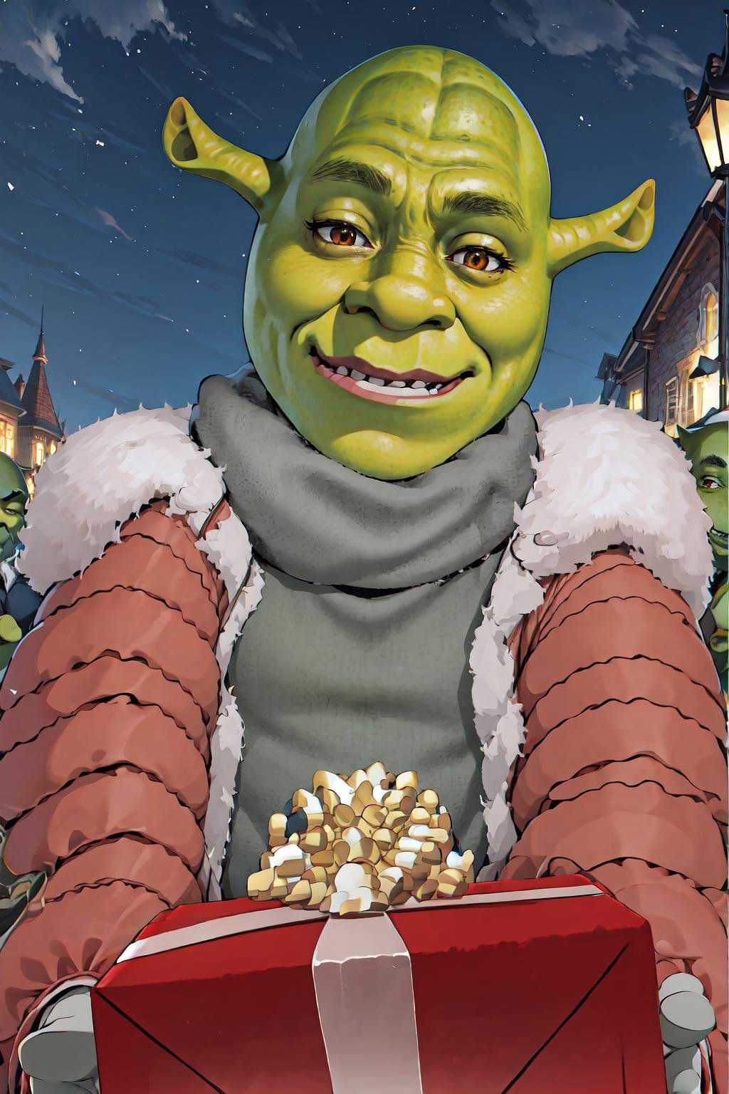 IncrsGettingAPresent, pov, winter clothes, scarf, <lora:POVGettingAPresent:1>, outdoors, night, smirk, shrex, green skin, ogre, shrek, <lora:Char_Sigmas_Shrek:0.9>