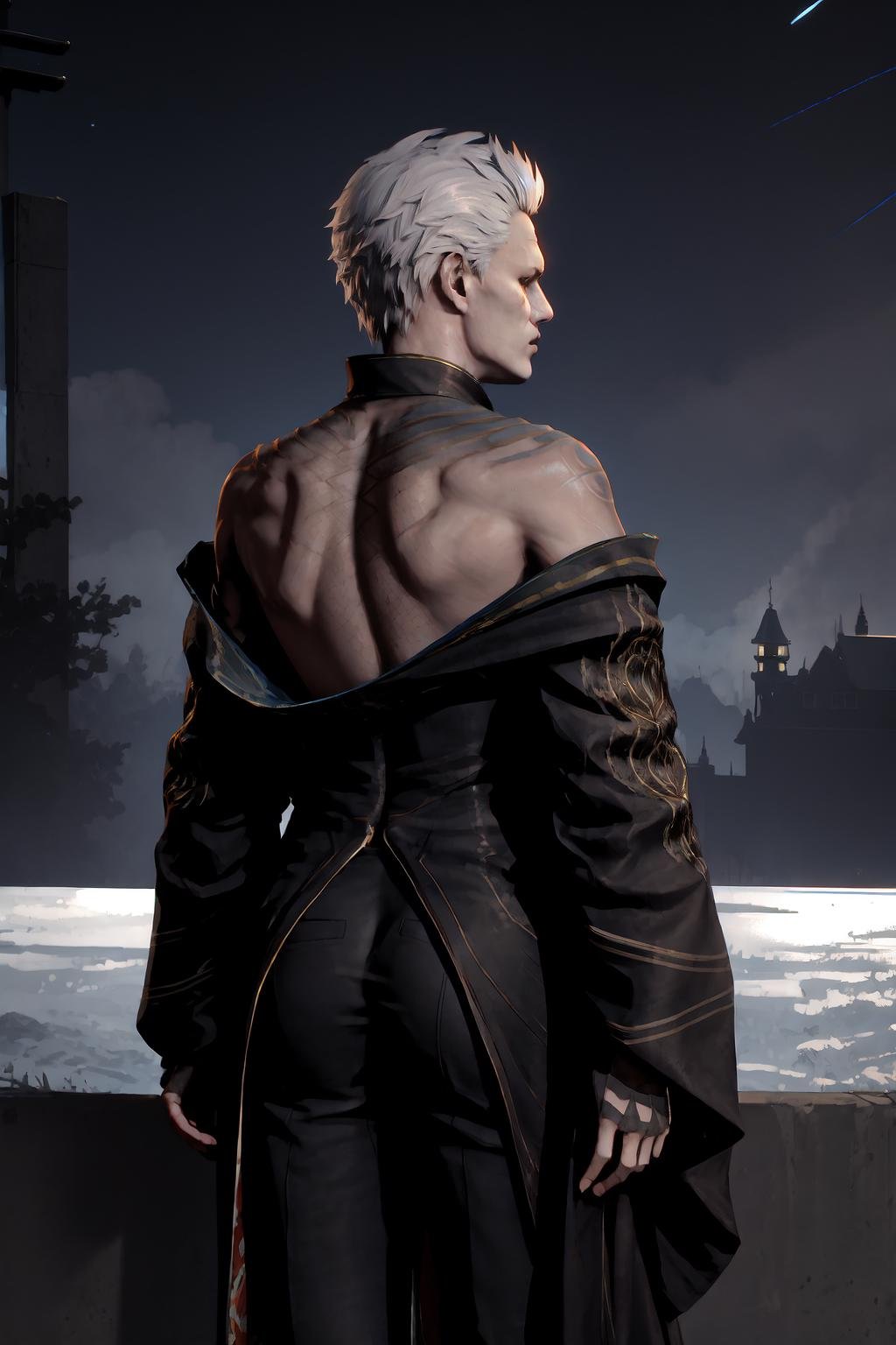 kimono, from behind, off shoulder, shoulder blades, <lora:OffShoulderKimono:1>, outdoors, night, vergil(dmc5), <lora:Char_DMC_Vergil:0.75>