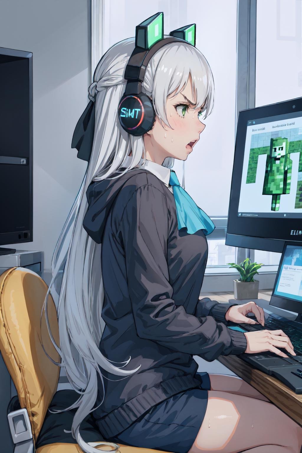 1girl, incrsheadphones, <lora:HeadphonesWithCatearsV2:1>, mature female, skindentations, sitting, shiny skin, sweat, angry, looking at monitor, monitor, minecraft, furious, computer, hoodie, wearing, hoodie, elie macdowell, green eyes, hairband, blue ascot, hair ribbon, <lora:Char_OC_ElieMacDowell:0.9>, from side, smashing keyboard \(computer\), clenched hand, 