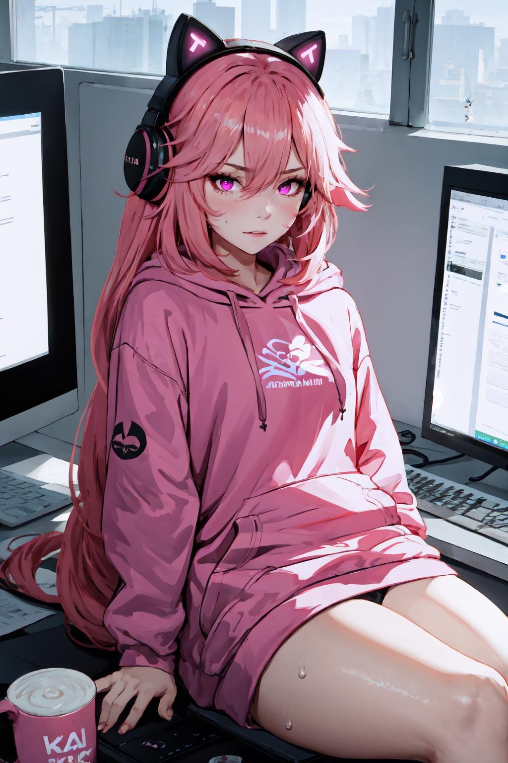 1girl, incrsheadphones, <lora:HeadphonesWithCatearsV2:1>, mature female, skindentations, sitting, shiny skin, sweat, computer, hoodie, wearing, hoodie, yae miko, pink eyes, long hair, pink hair, animal ears, <lora:Char_GenshinImpact_YaeMiko:1>