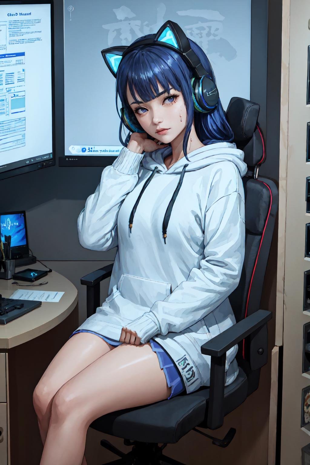 1girl, incrsheadphones, <lora:HeadphonesWithCatearsV2:1>, mature female, skindentations, sitting, shiny skin, sweat, computer, hoodie, wearing, hoodie, Raiden_Shogun_\(genshin impact\), Raiden_Shogun:1.2, blue hair, long hair, <lora:Char_GenshinImpact_RaidenShogun:0.8>