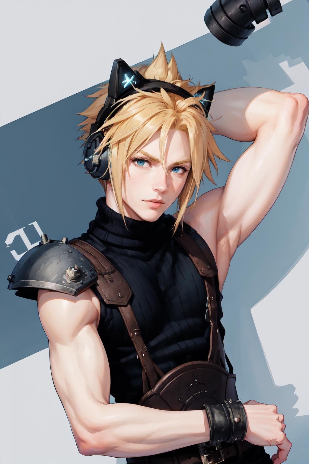 1boy, incrsheadphones, <lora:HeadphonesWithCatearsV2:1>, cloud strife, shoulder armor, sleeveless turtleneck, suspenders, belt, <lora:Char_FF7Remake_CloudStrife:0.9>, upper body, 