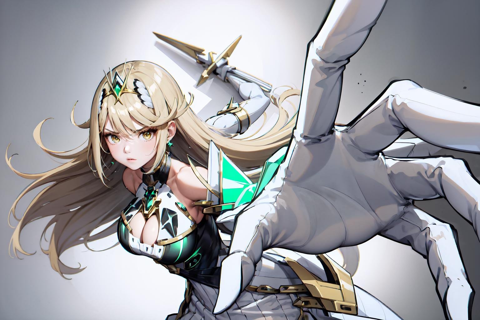 1girl, IncrsPunchMeme, <lora:PepePunchMemeV2:1>, incoming punch, simple background, mythradef, tiara, earrings, chest jewel, cleavage cutout, cleavage, white dress, short dress, elbow gloves, white gloves, thigh strap, <lora:Char_Xenoblade_Mythra:1>