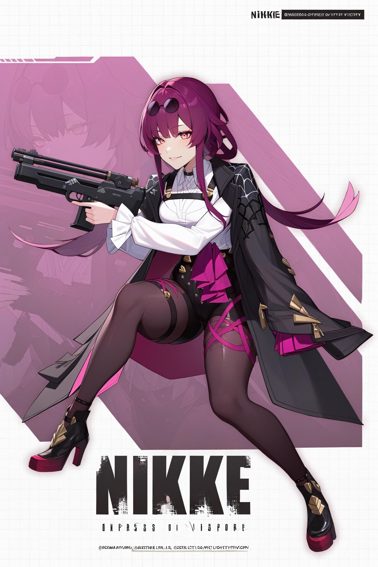 1girl, IncrsNikkeProfile, <lora:NikkeProfileXL:1>, full body, zoom layer, holding weapon, holding gun, one knee, <lora:KafkaXLV3:1>, kafkaxl, purple eyes, eyewear on head, 