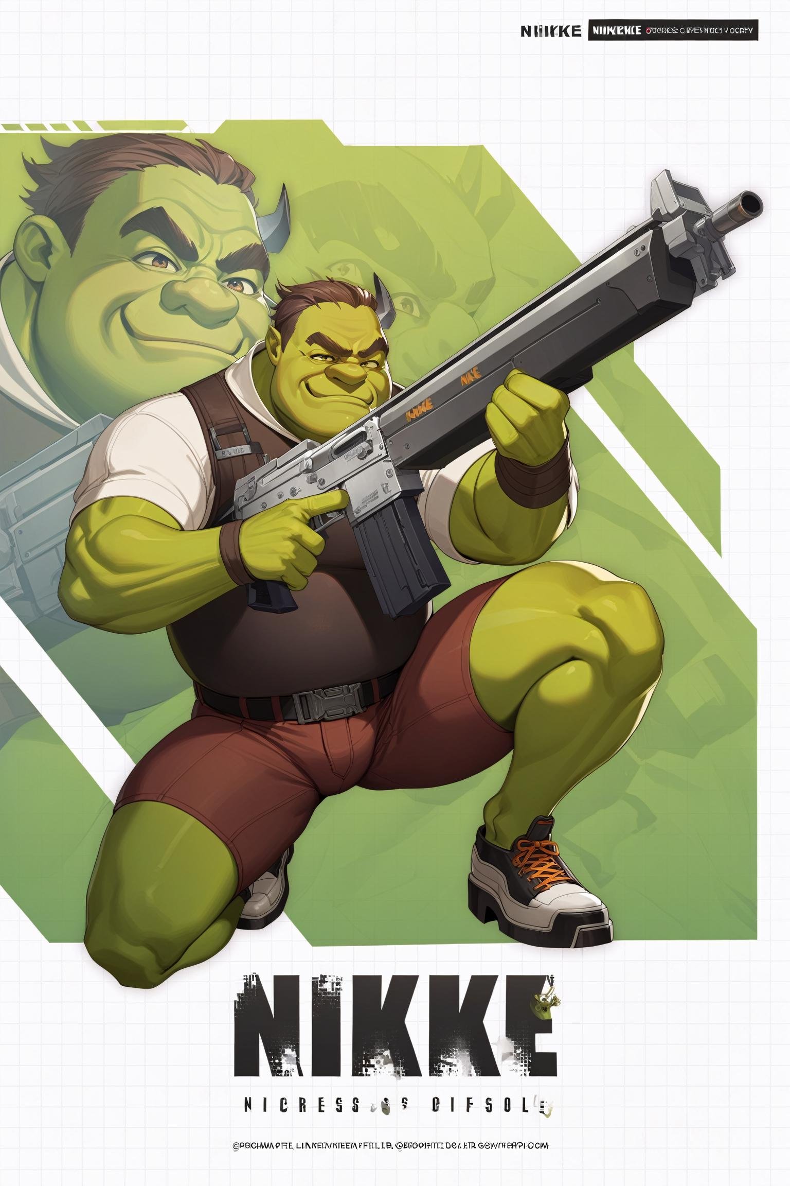 1boy, IncrsNikkeProfile, <lora:NikkeProfileXL:0.85>, full body, zoom layer, holding weapon, holding gun, one knee, shrek, shrek \(series\), ogre, green skin, 